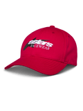 Cappello Alpinestars Profile, cappellino da baseball rosso, logo Astars RACEWEAR ricamato bianco e nero, visiera curva e corona strutturata, streetwear casual motorsport