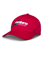 Cappello Alpinestars Profile, cappellino da baseball rosso, logo Astars RACEWEAR ricamato bianco e nero, visiera curva e corona strutturata, streetwear casual motorsport