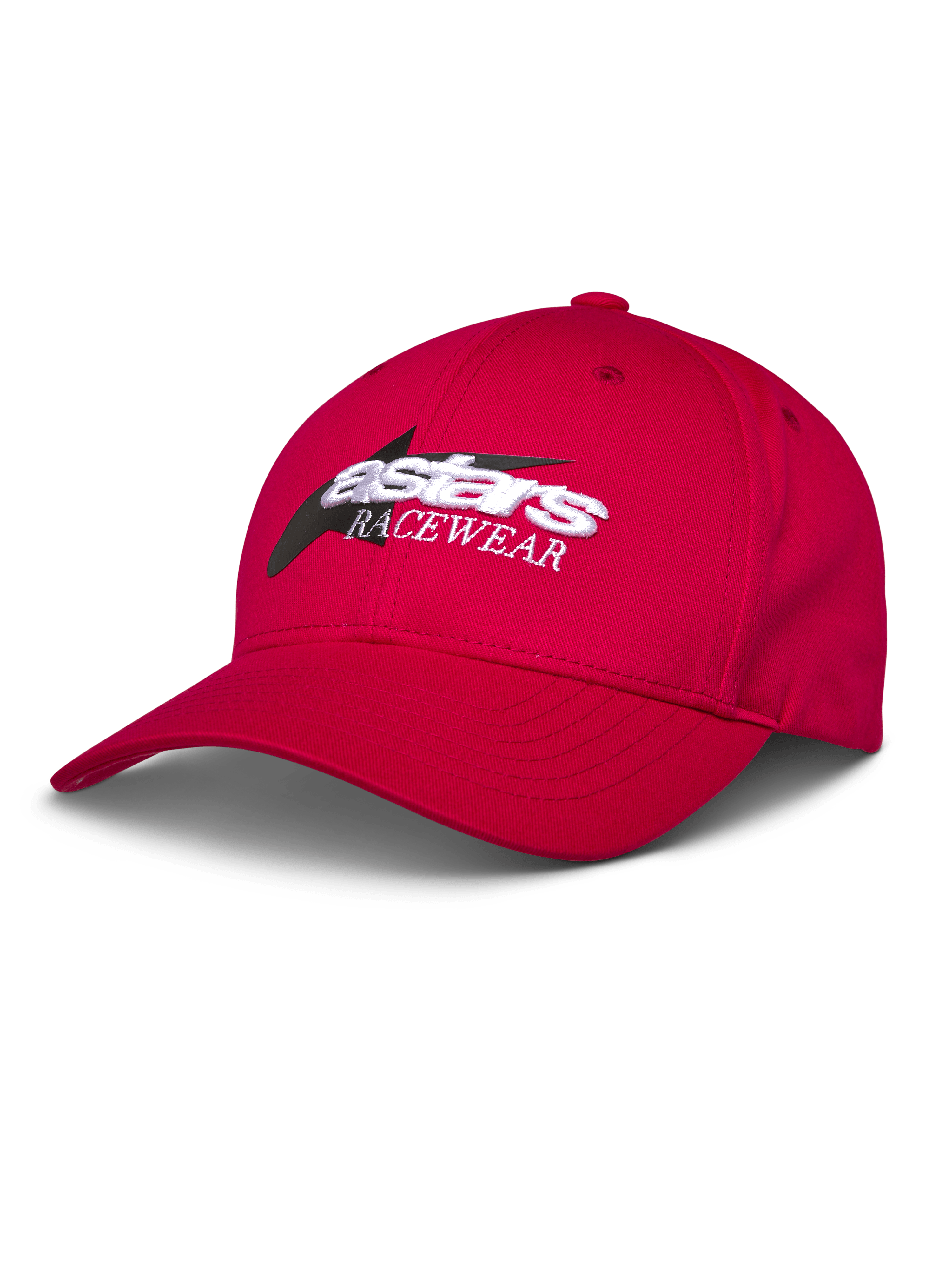 Cappello Alpinestars Profile, cappellino da baseball rosso, logo Astars RACEWEAR ricamato bianco e nero, visiera curva e corona strutturata, streetwear casual motorsport