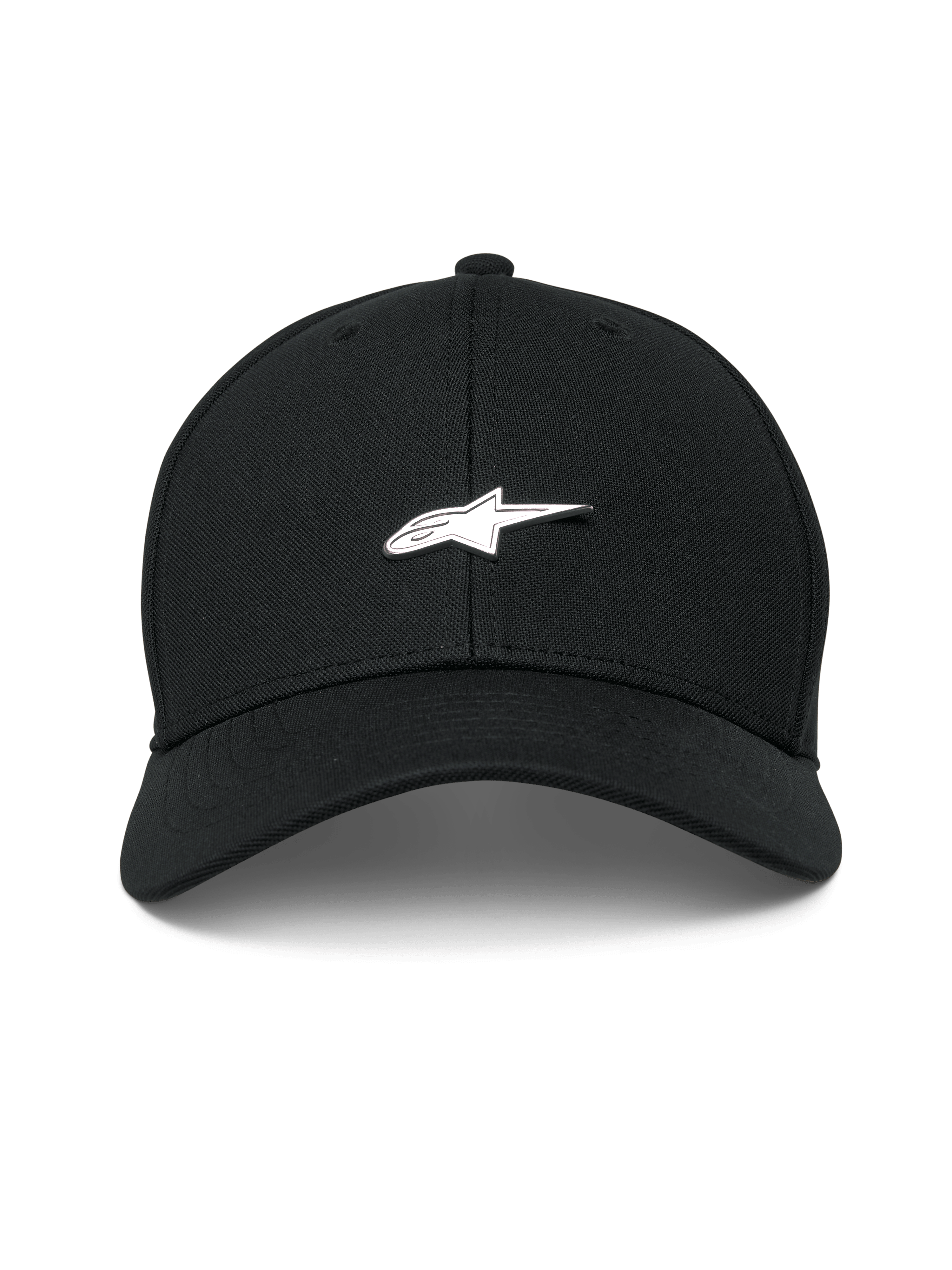 Cappello Alpinestars Metal Logo, nero, cappellino da baseball strutturato con visiera curva, badge logo in metallo modellato 3D, tessuto mini piqué, abbigliamento casual motorsport streetwear