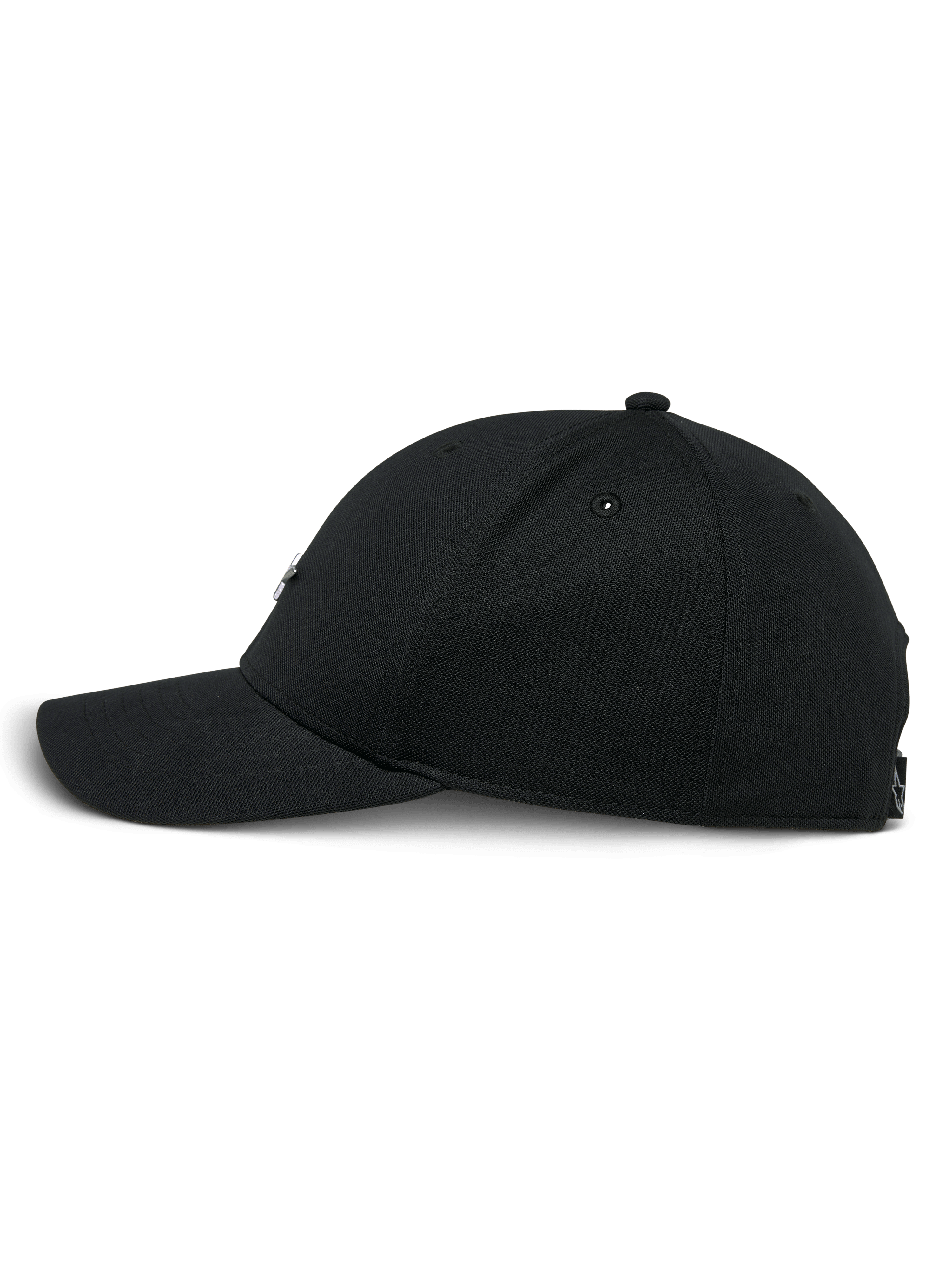 Cappello Alpinestars Metal Logo, cappellino snapback nero, vista laterale di profilo, visiera curva con corona strutturata, tessuto mini piqué, streetwear casual ispirato al motorsport