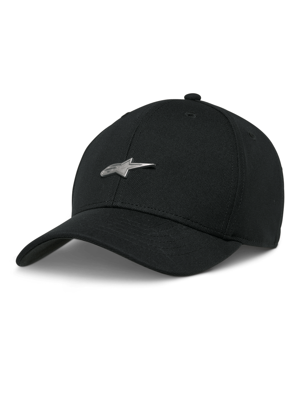 Cappello Alpinestars Metal Logo, cappellino da baseball nero, logo a stella in metallo 3D argentato, visiera curva, corona strutturata, stile motorsport casual
