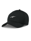 Cappello Alpinestars Metal Logo, cappellino da baseball nero, logo a stella in metallo 3D argentato, visiera curva, corona strutturata, stile motorsport casual