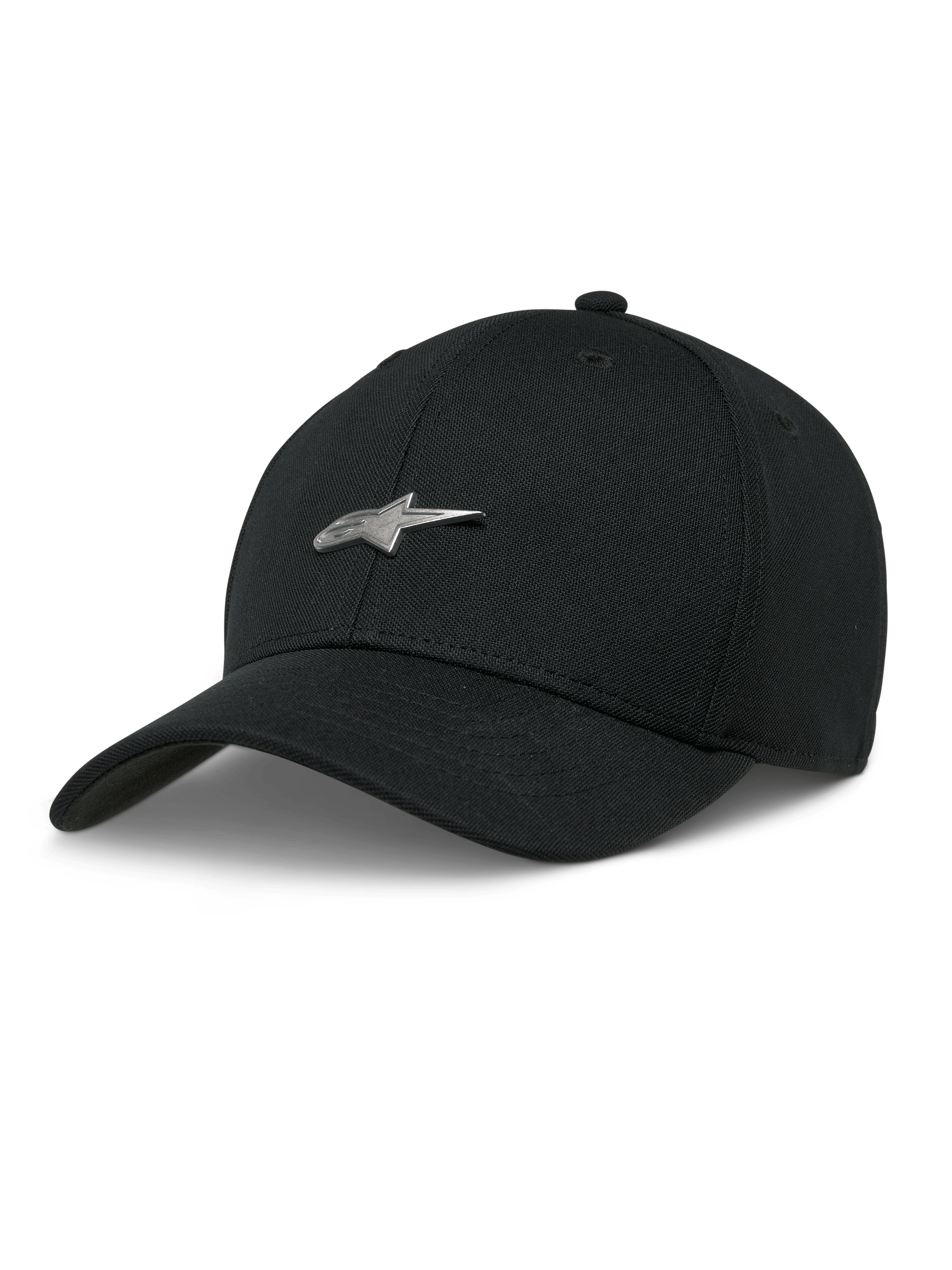 Cappello Alpinestars Metal Logo, cappellino da baseball nero, logo a stella in metallo 3D argentato, visiera curva, corona strutturata, stile motorsport casual