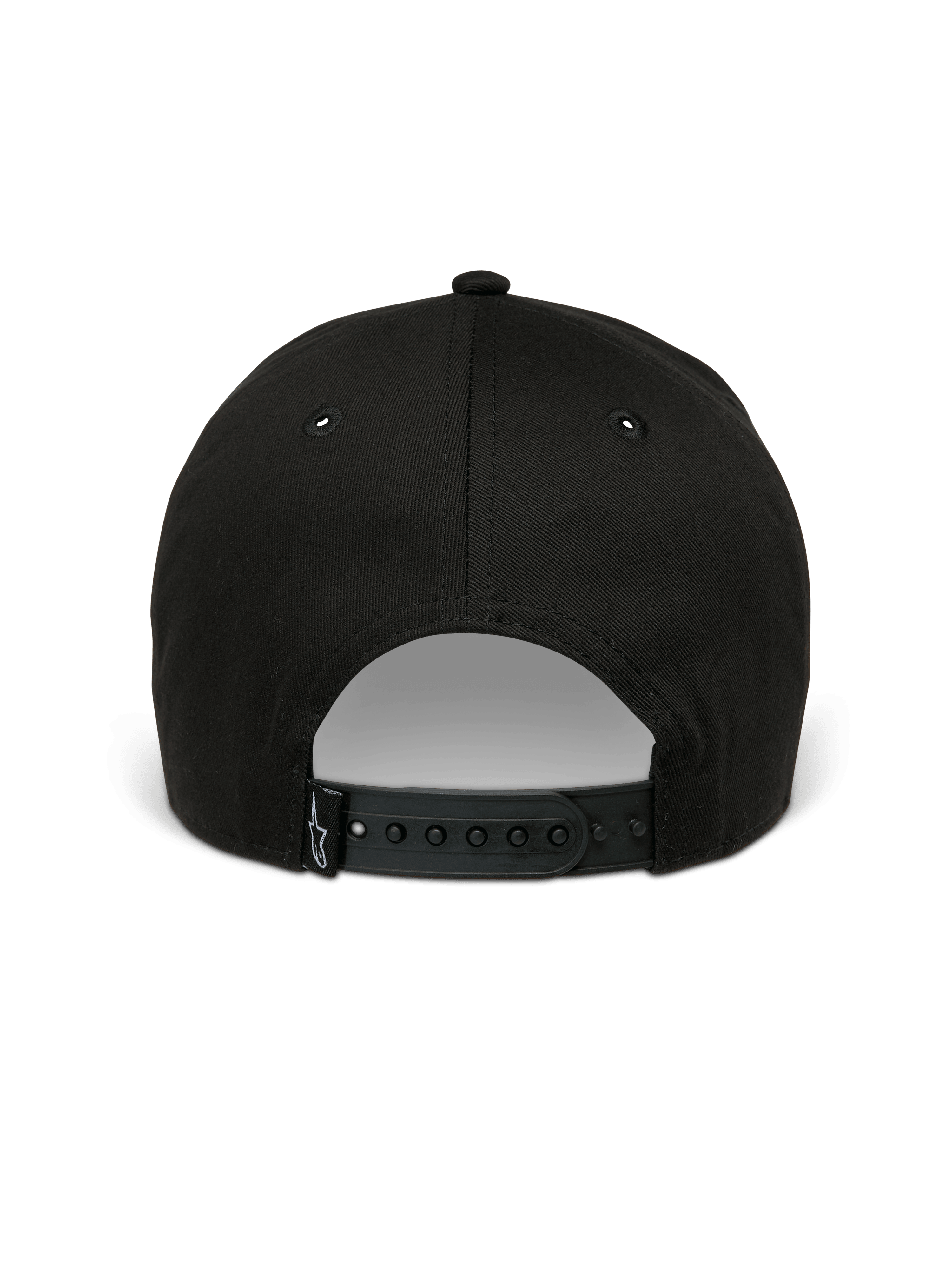 Alpinestars Canyon Hat, cappello snapback nero, vista posteriore con chiusura snap regolabile e piccola etichetta con logo Astars, materiale in twill di cotone al 100%, copricapo casual ispirato al motorsport