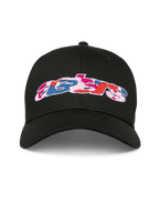 Alpinestars Cappello Canyon, cappellino da baseball snapback nero, visiera curva e corona strutturata, ricamo frontale del logo Astars con riempimento camouflage, abbigliamento sportivo casual