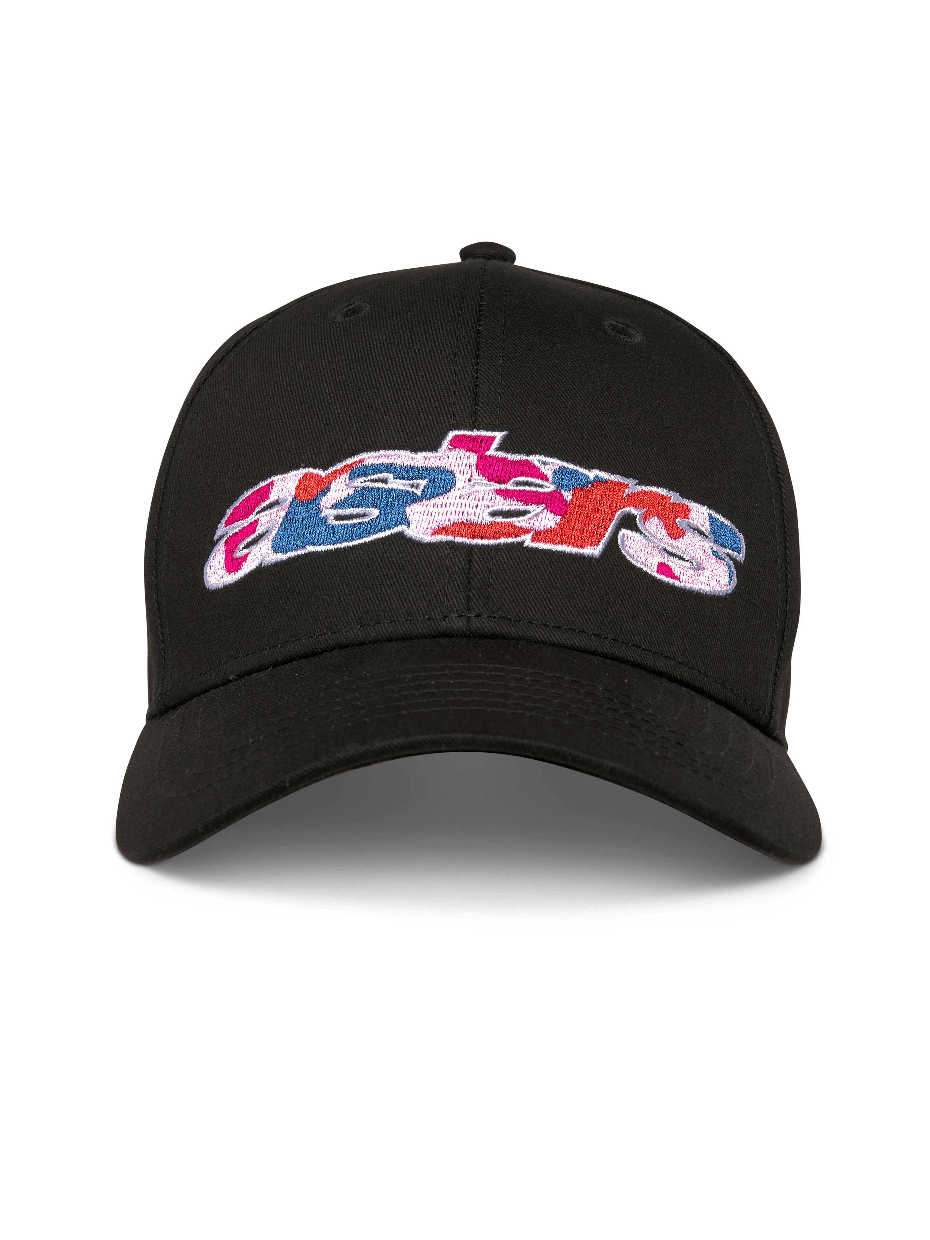 Alpinestars Cappello Canyon, cappellino da baseball snapback nero, visiera curva e corona strutturata, ricamo frontale del logo Astars con riempimento camouflage, abbigliamento sportivo casual