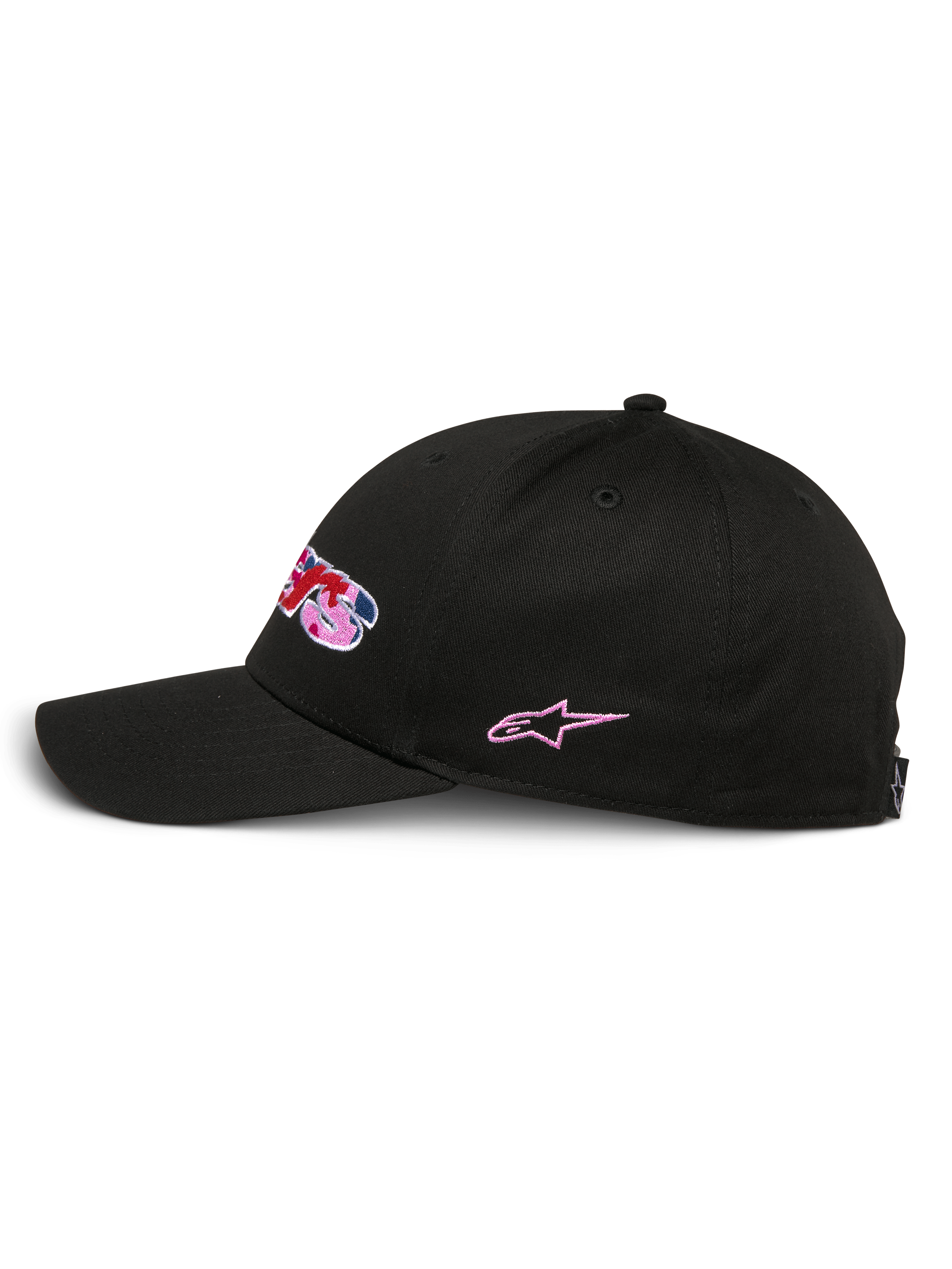 Alpinestars Canyon Hat, cappello snapback nero, vista di profilo laterale, corona strutturata con visiera curva, logo frontale ricamato con riempimento camo e accenti rosa, ricamo a stella rosa laterale, stile motorsport casual