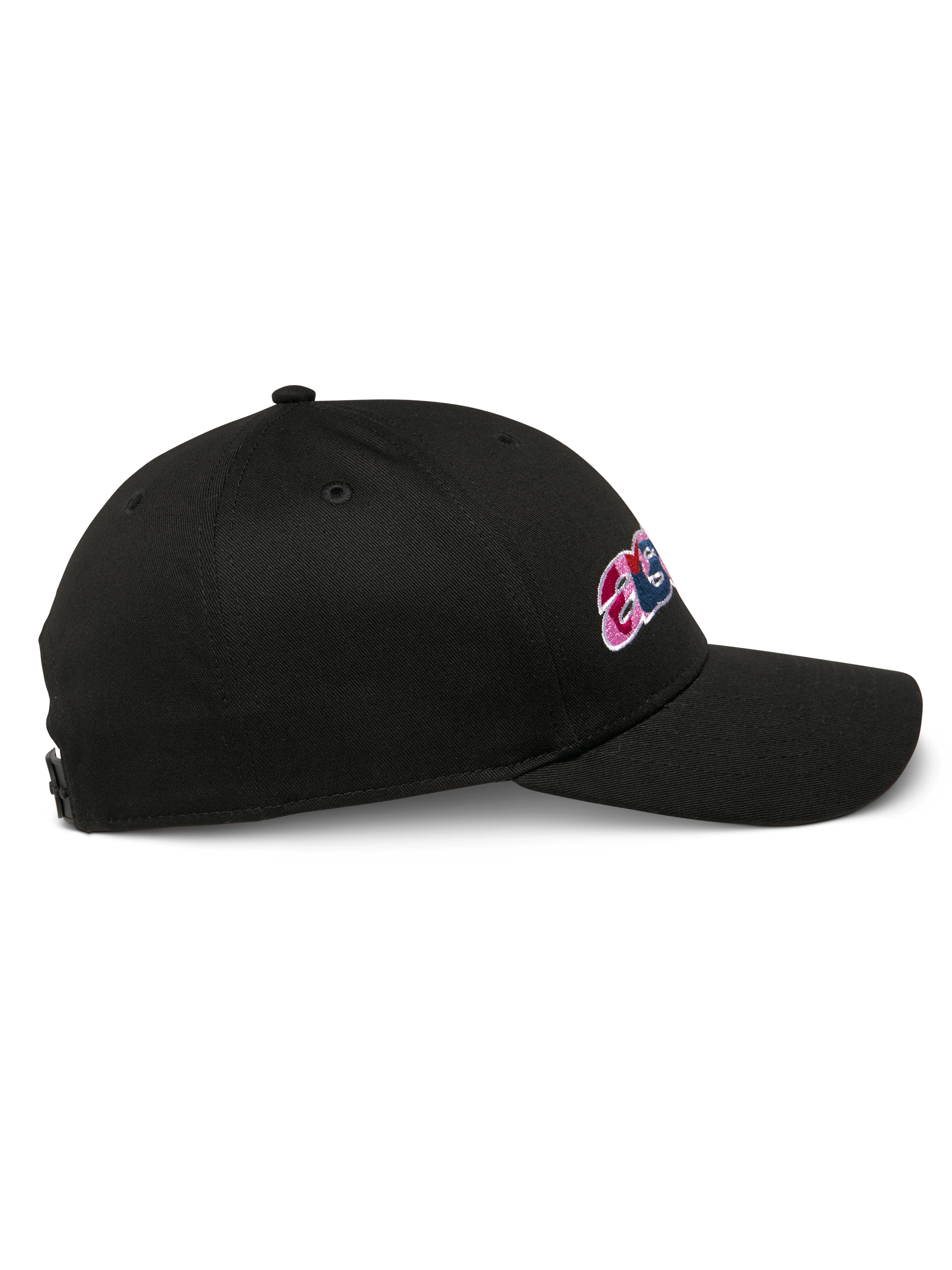 Alpinestars Canyon Hat, cappello snapback nero, vista laterale di profilo, visiera curva, con ricamo laterale e corona strutturata, copricapo casual da motorsport