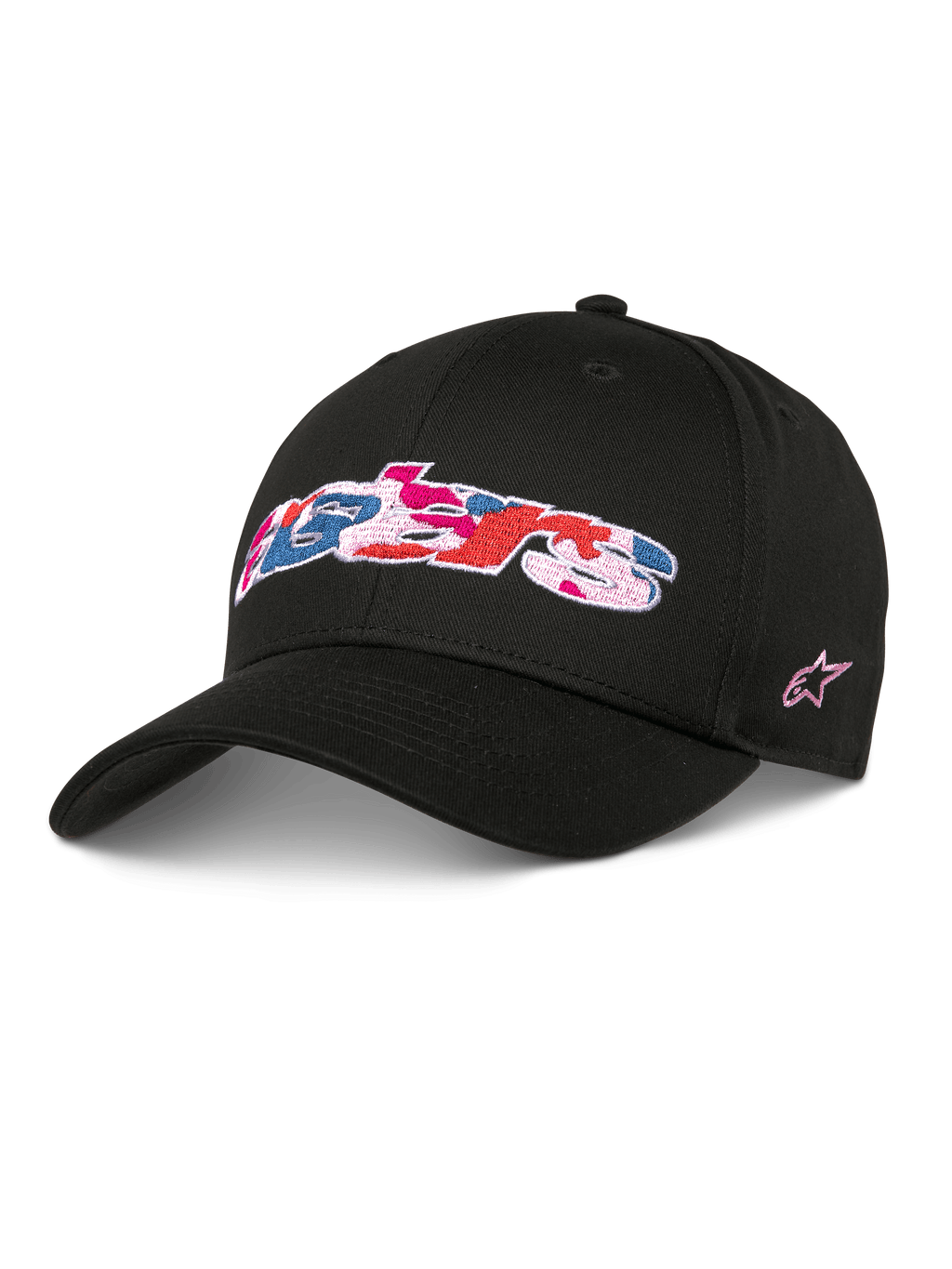 Alpinestars Canyon Hat, cappellino da baseball snapback nero, visiera curva e corona strutturata, logo Astars frontale con ricamo camouflage rosa, blu e rosso, logo a stella rosa laterale, streetwear casual in twill di cotone