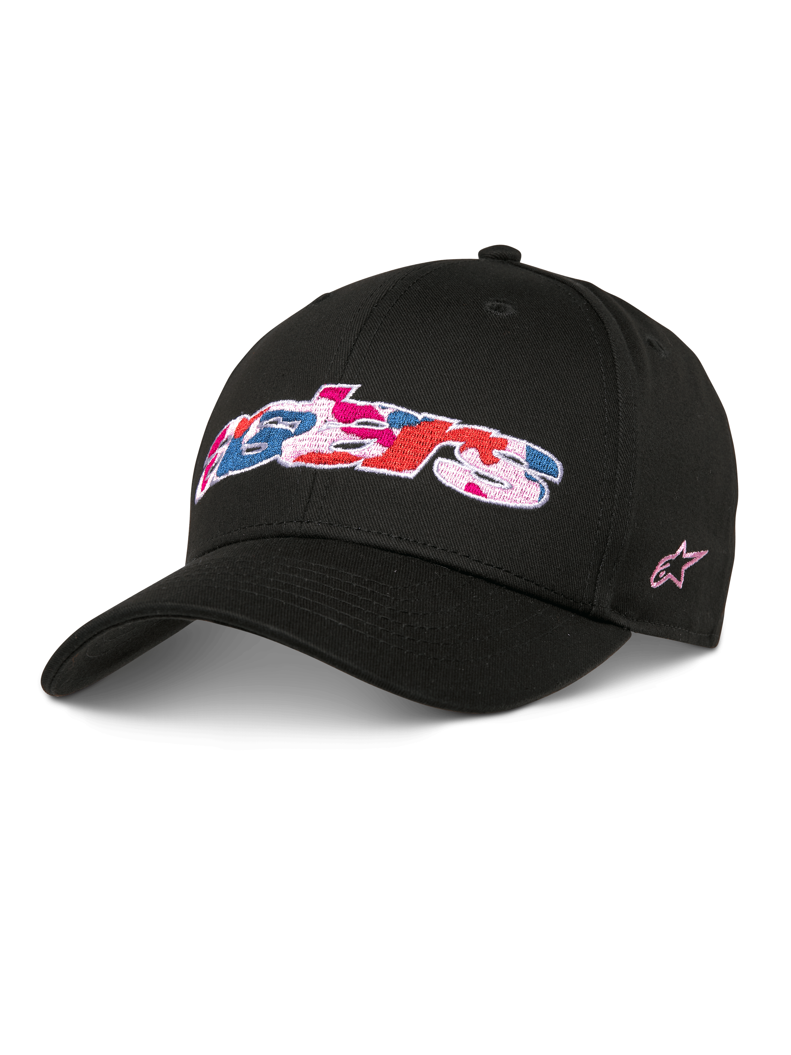 Alpinestars Canyon Hat, cappellino da baseball snapback nero, visiera curva e corona strutturata, logo Astars frontale con ricamo camouflage rosa, blu e rosso, logo a stella rosa laterale, streetwear casual in twill di cotone
