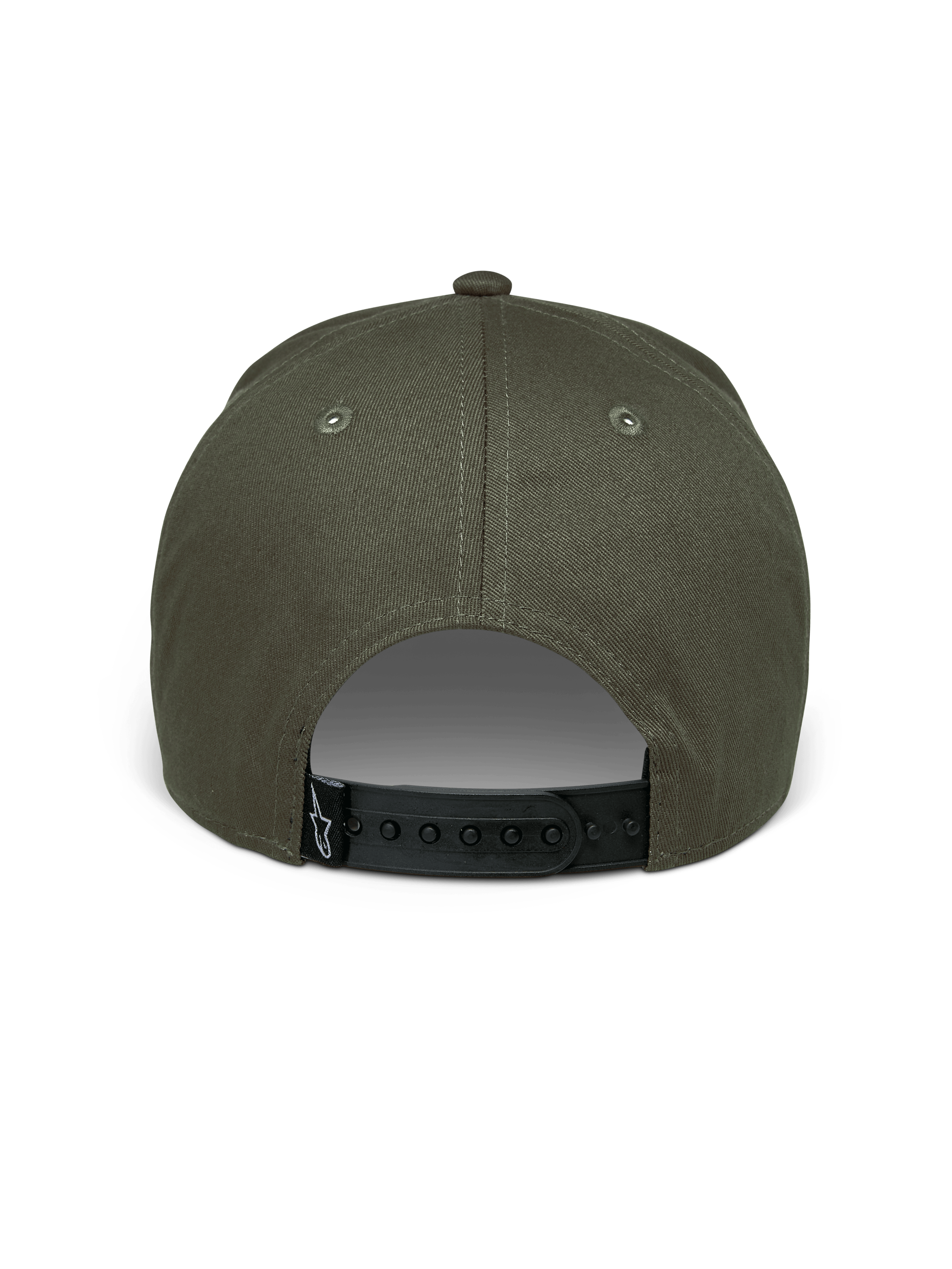 Cappello Alpinestars Canyon, verde militare, vista posteriore con chiusura snapback regolabile nera, corona strutturata in tessuto twill di cotone, piccola etichetta tessuta nera con logo Astars bianco, copricapo casual da motorsport