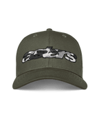Alpinestars Cappello Canyon, Verde Militare, cappellino snapback con visiera curva, logo Astars ricamato frontalmente con riempimento camo, abbigliamento casual motorsport streetwear