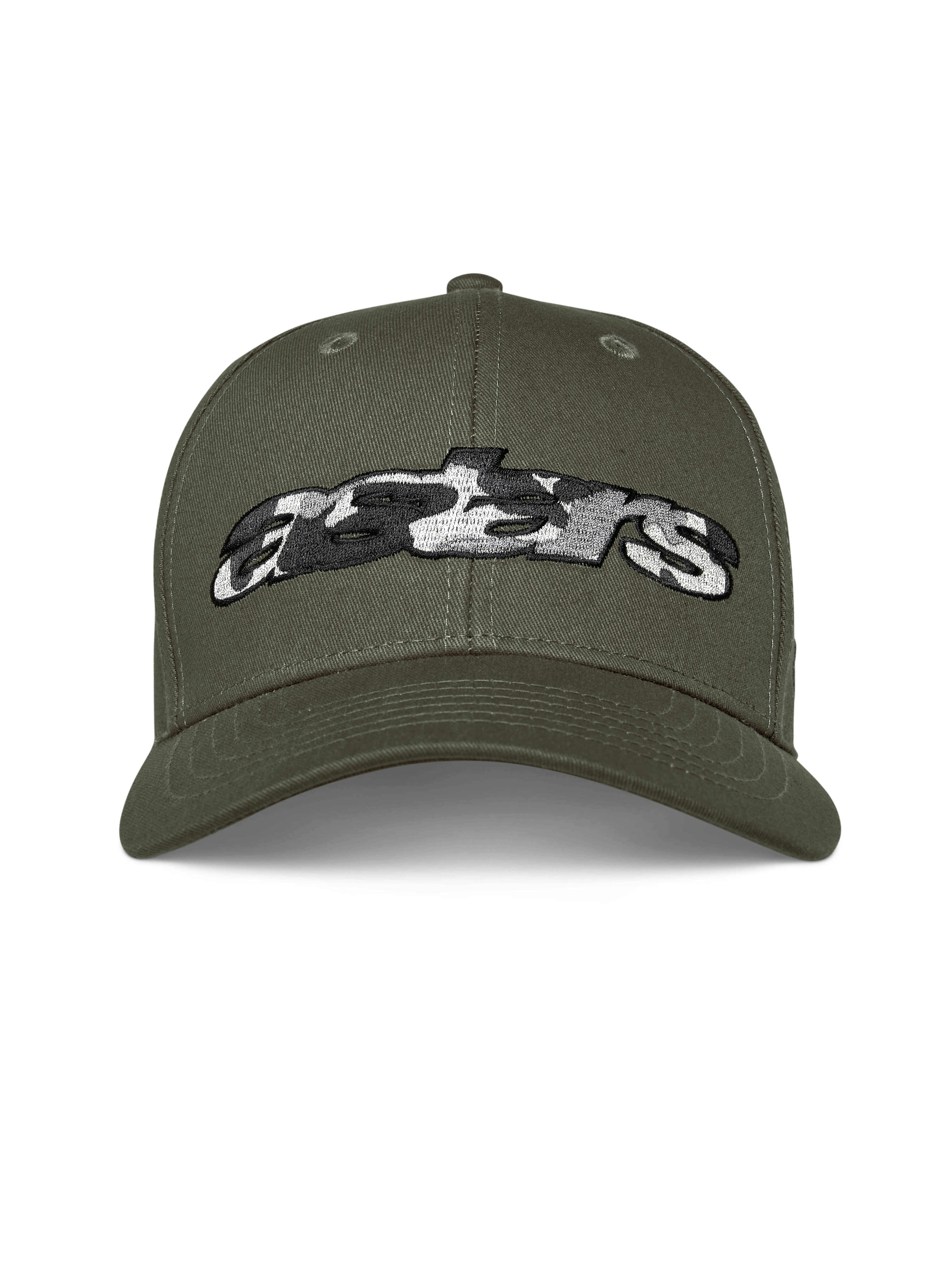 Alpinestars Cappello Canyon, Verde Militare, cappellino snapback con visiera curva, logo Astars ricamato frontalmente con riempimento camo, abbigliamento casual motorsport streetwear