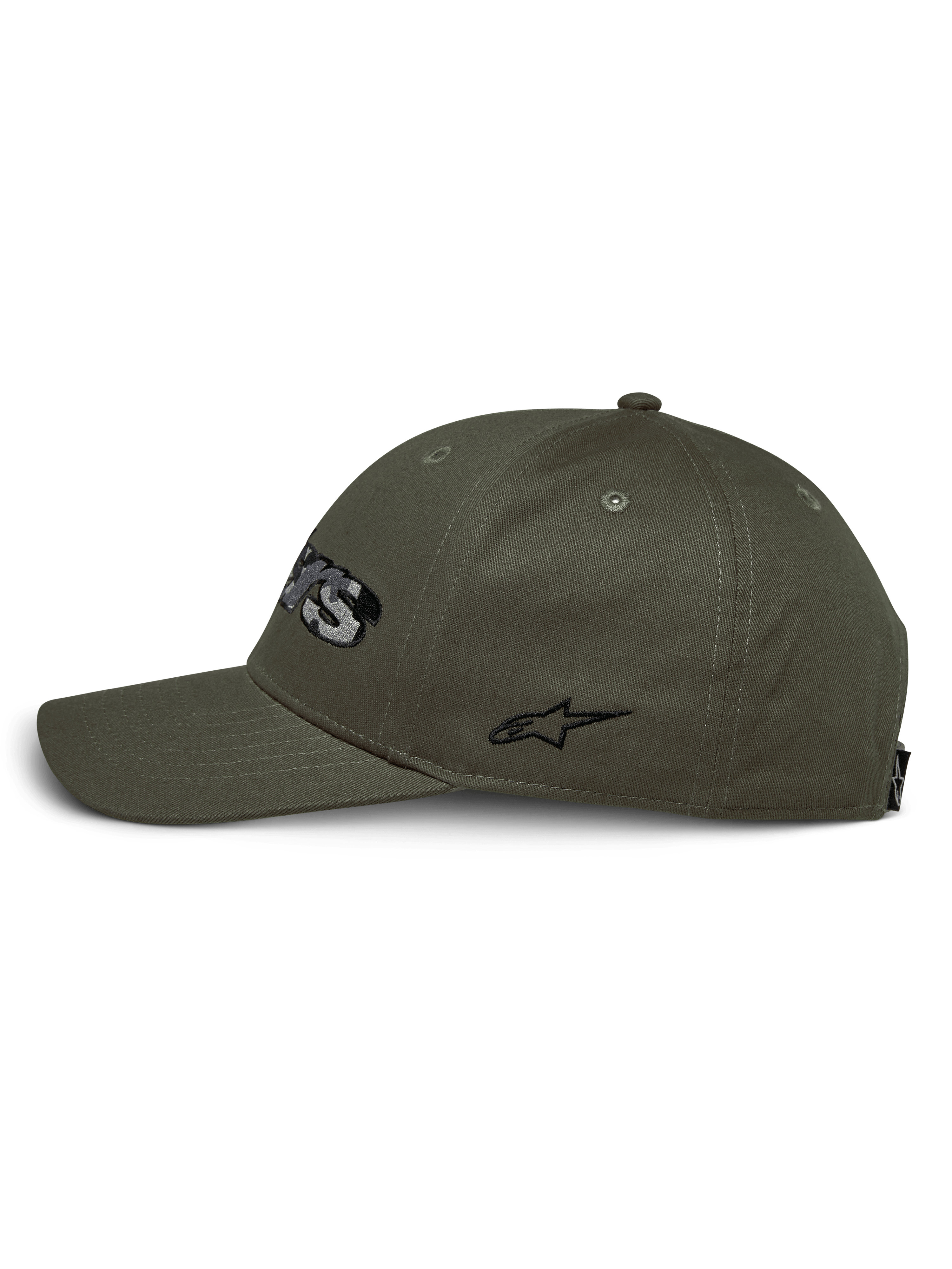 Cappello Alpinestars Canyon, vista laterale, verde militare, visiera curva con corona strutturata, tessuto in twill di cotone, con logo laterale nero ricamato, streetwear casual da motorsport