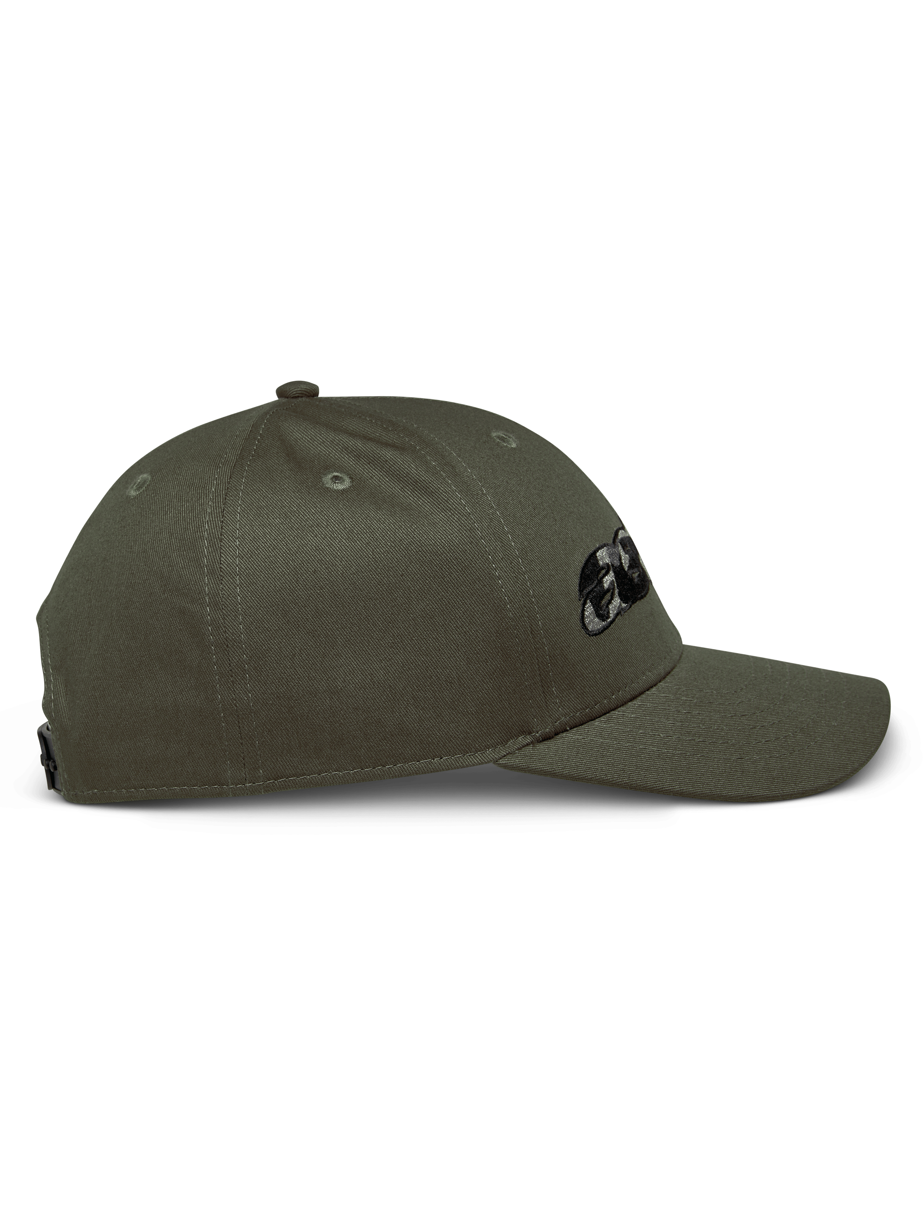 Cappello Alpinestars Canyon, vista laterale, verde militare, corona strutturata con visiera curva, logo Astars ricamato con riempimento camouflage, streetwear casual ispirato al motorsport