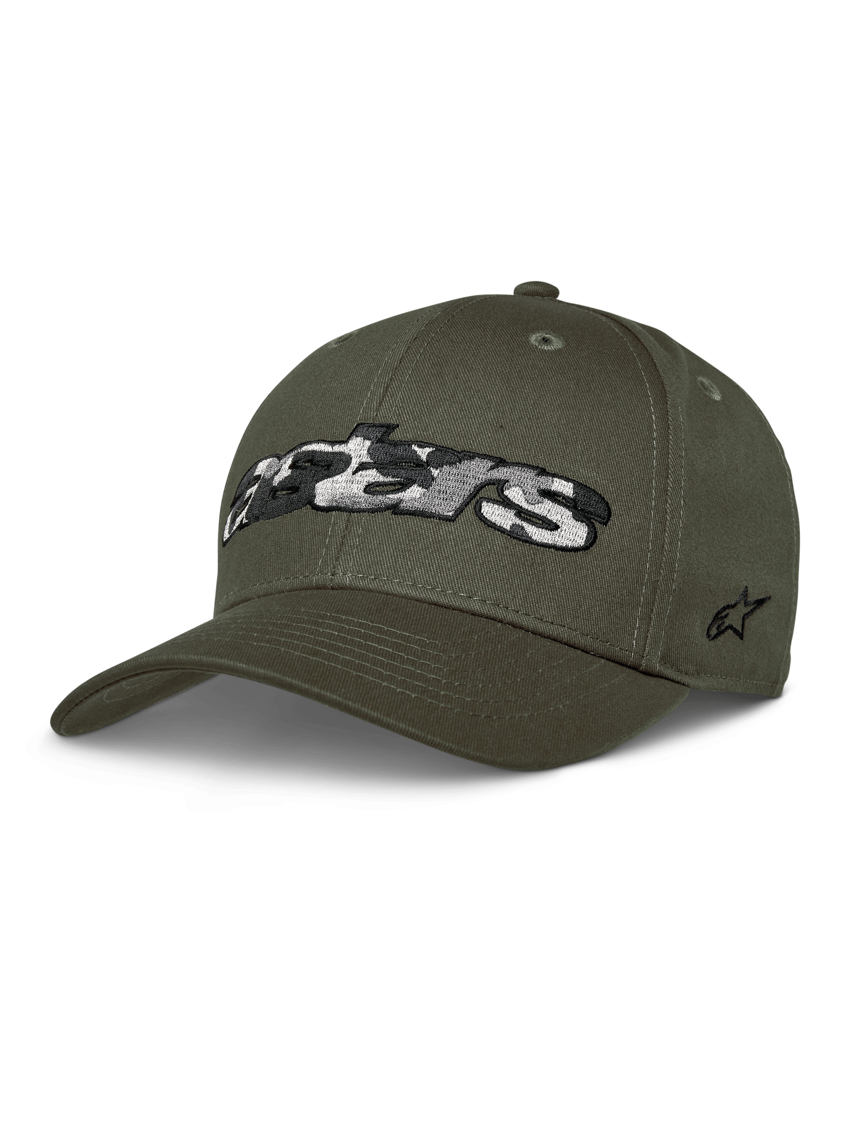 Alpinestars Canyon Hat, cappellino da baseball verde militare, corona strutturata con visiera curva, grande logo Astars con riempimento mimetico frontale, stella ricamata sul lato, stile casual motorsport