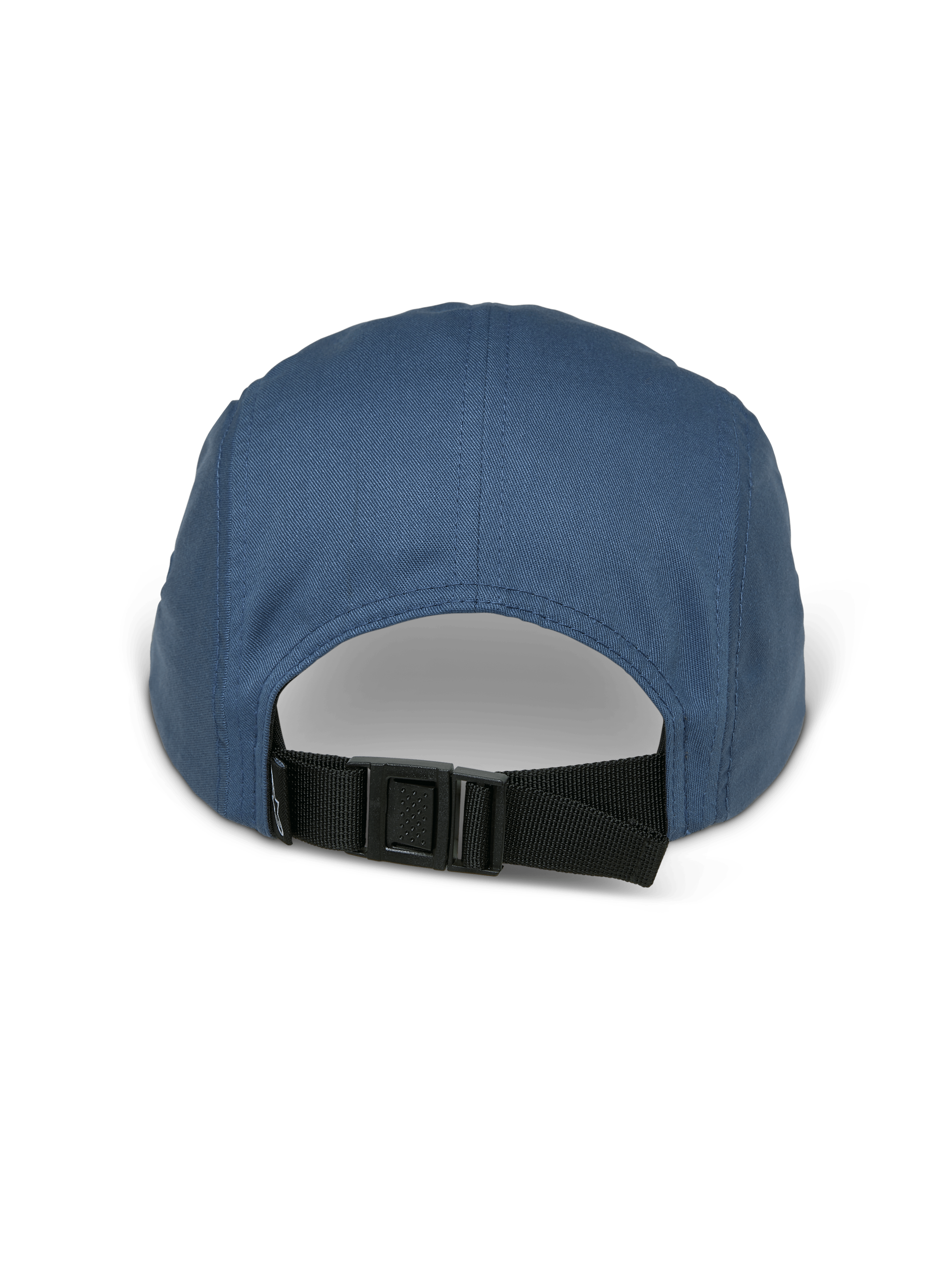 Alpinestars Peasy Hat, cappello jockey a 5 pannelli, blu, vista posteriore con cinturino regolabile con fibbia a clip nera e corona non strutturata, tessuto in twill, streetwear casual ispirato al motorsport