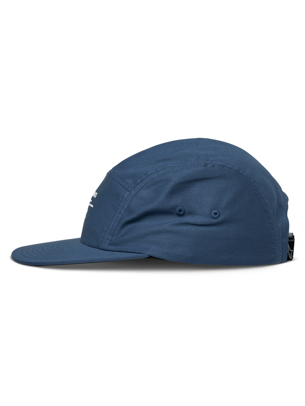 Cappello Alpinestars Peasy, cappello jockey a 5 pannelli, blu, vista laterale di profilo, visiera piatta, corona non strutturata, tessuto in twill, copricapo casual ispirato al motorsport