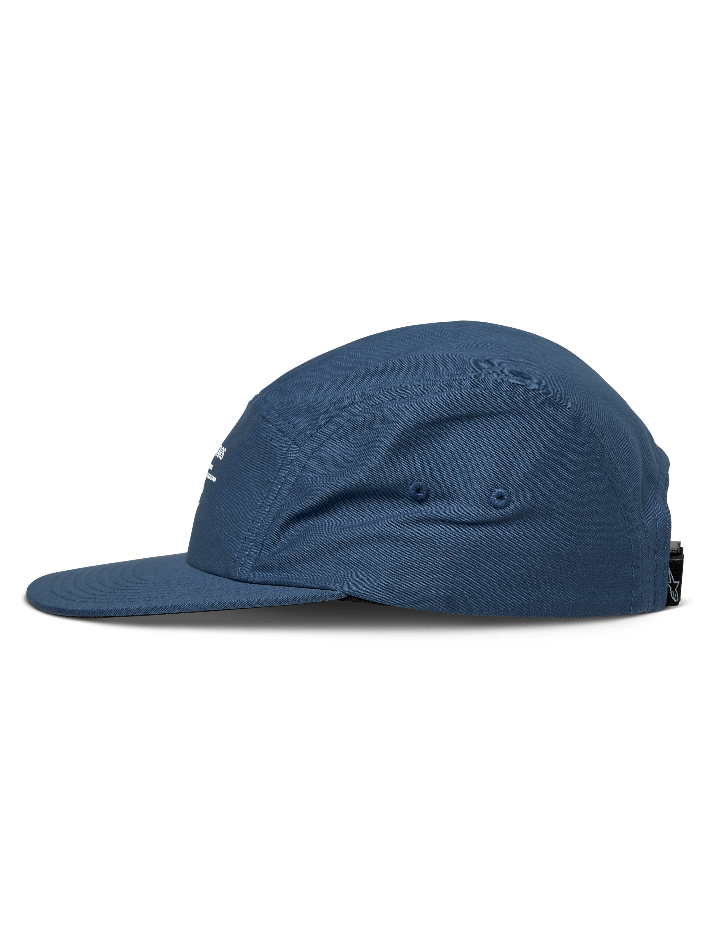 Cappello Alpinestars Peasy, cappello jockey a 5 pannelli, blu, vista laterale di profilo, visiera piatta, corona non strutturata, tessuto in twill, copricapo casual ispirato al motorsport