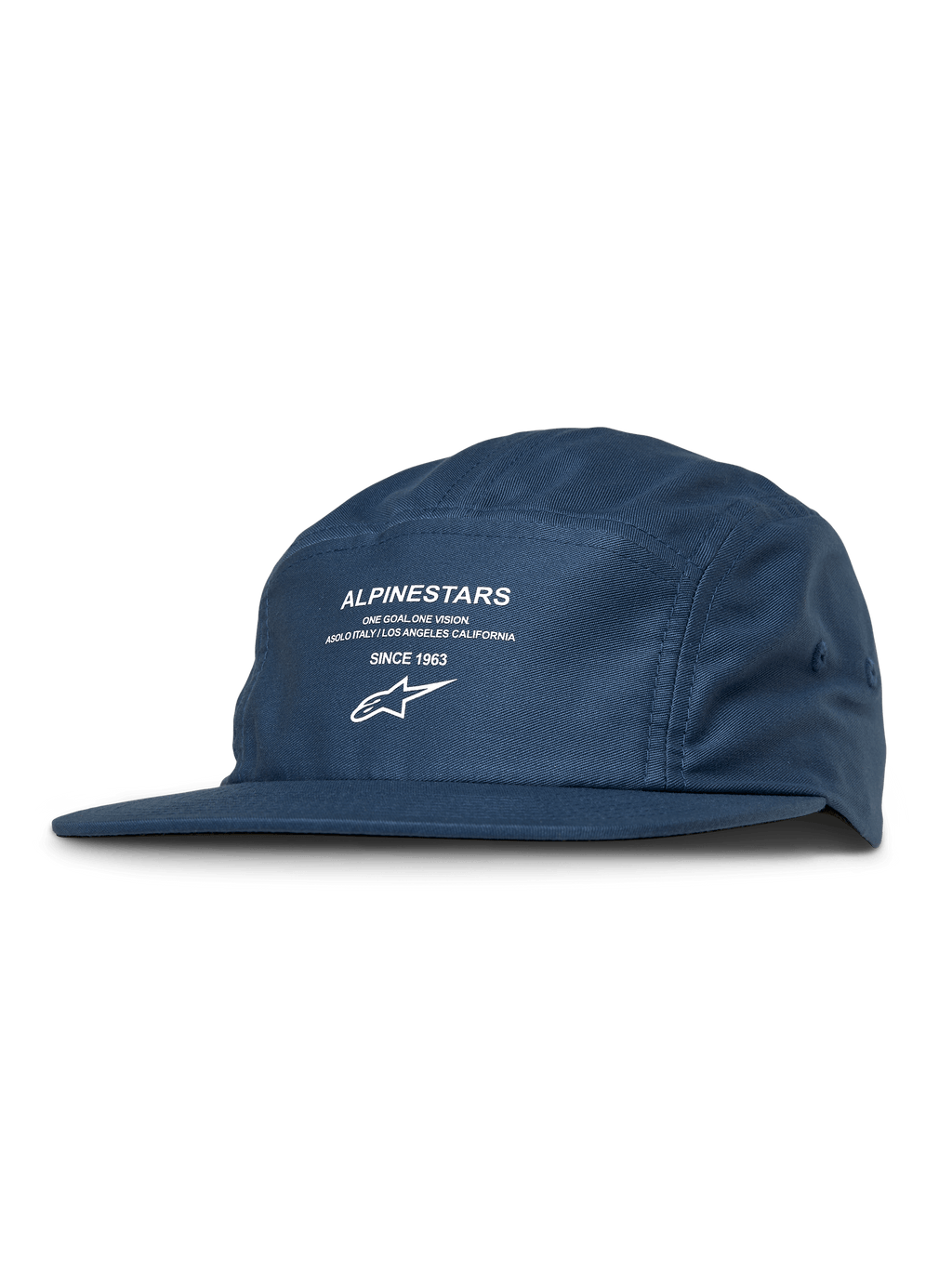 Cappello Alpinestars Peasy, cappellino jockey a 5 pannelli, blu, stampa grafica bianca con logo e scritta, visiera piatta, corona non strutturata, streetwear casual motorsport