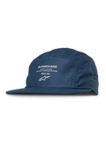 Cappello Alpinestars Peasy, cappellino jockey a 5 pannelli, blu, stampa grafica bianca con logo e scritta, visiera piatta, corona non strutturata, streetwear casual motorsport