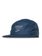 Cappello Alpinestars Peasy, cappellino jockey a 5 pannelli, blu, stampa grafica bianca con logo e scritta, visiera piatta, corona non strutturata, streetwear casual motorsport