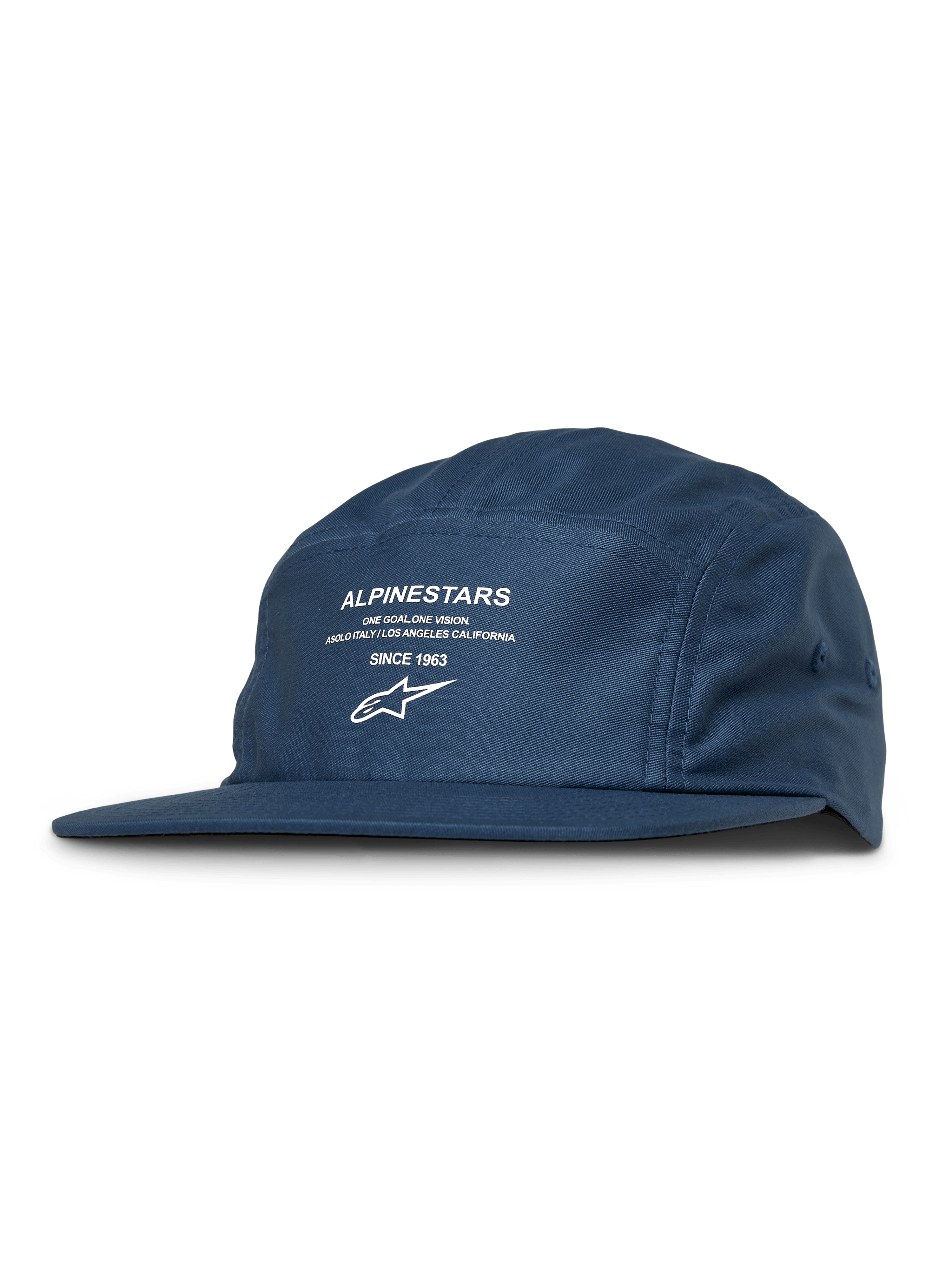 Cappello Alpinestars Peasy, cappellino jockey a 5 pannelli, blu, stampa grafica bianca con logo e scritta, visiera piatta, corona non strutturata, streetwear casual motorsport