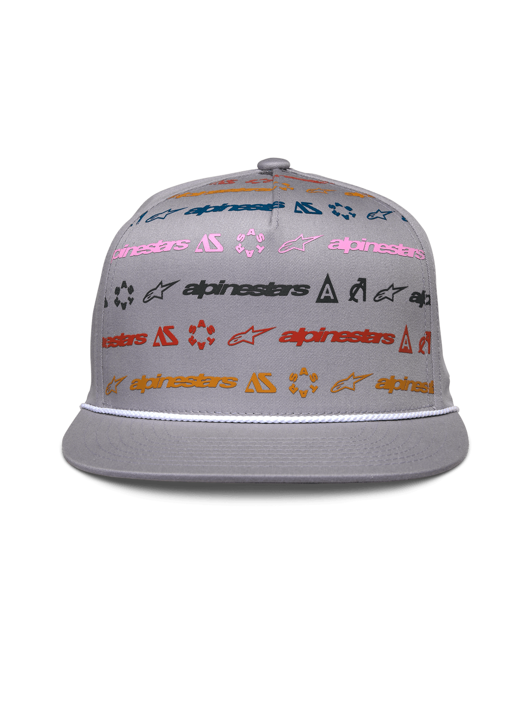 Cappello Alpinestars Glphy, snapback grigio con visiera piatta, corona strutturata con stampa orizzontale di loghi multicolore, rifinitura con corda bianca sulla visiera, copricapo casual ispirato al motorsport