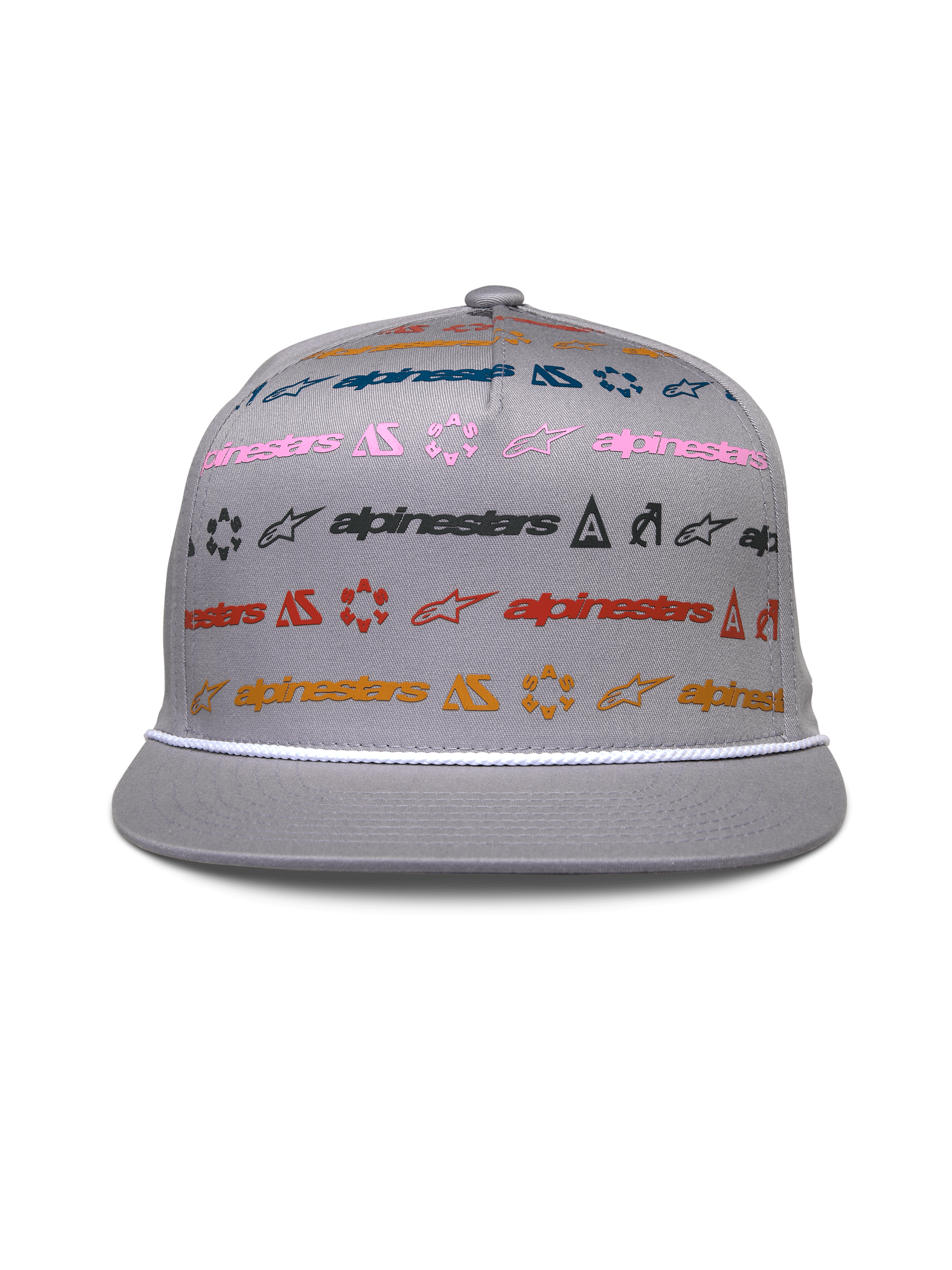 Cappello Alpinestars Glphy, snapback grigio con visiera piatta, corona strutturata con stampa orizzontale di loghi multicolore, rifinitura con corda bianca sulla visiera, copricapo casual ispirato al motorsport