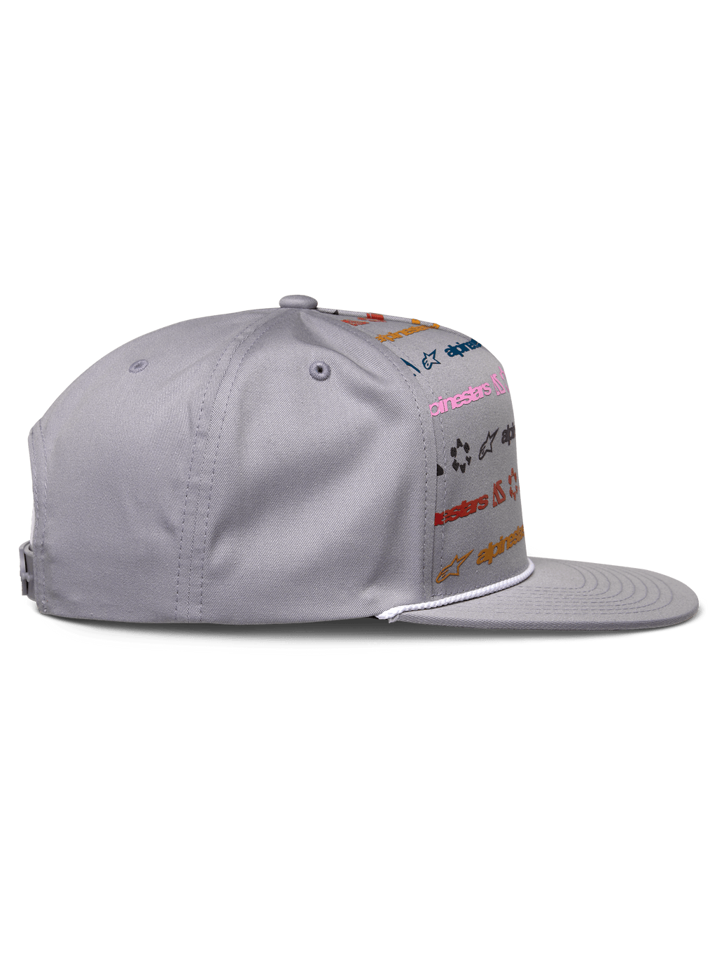 Cappello Alpinestars Glphy, grigio, snapback con visiera piatta e stampa multi-logo colorata, rifinitura con corda bianca sulla visiera, corona strutturata, copricapo casual ispirato al motorsport