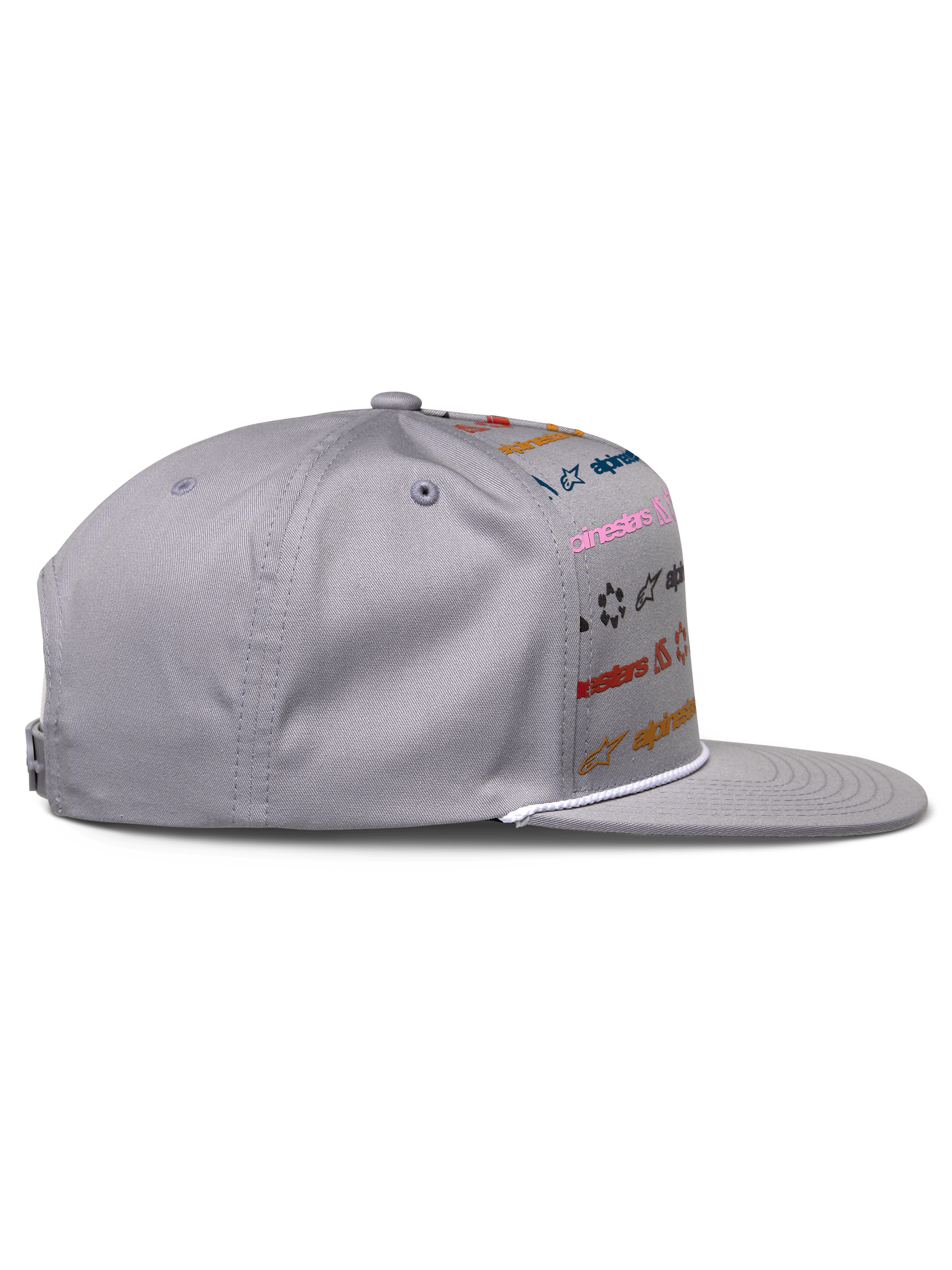 Cappello Alpinestars Glphy, grigio, snapback con visiera piatta e stampa multi-logo colorata, rifinitura con corda bianca sulla visiera, corona strutturata, copricapo casual ispirato al motorsport
