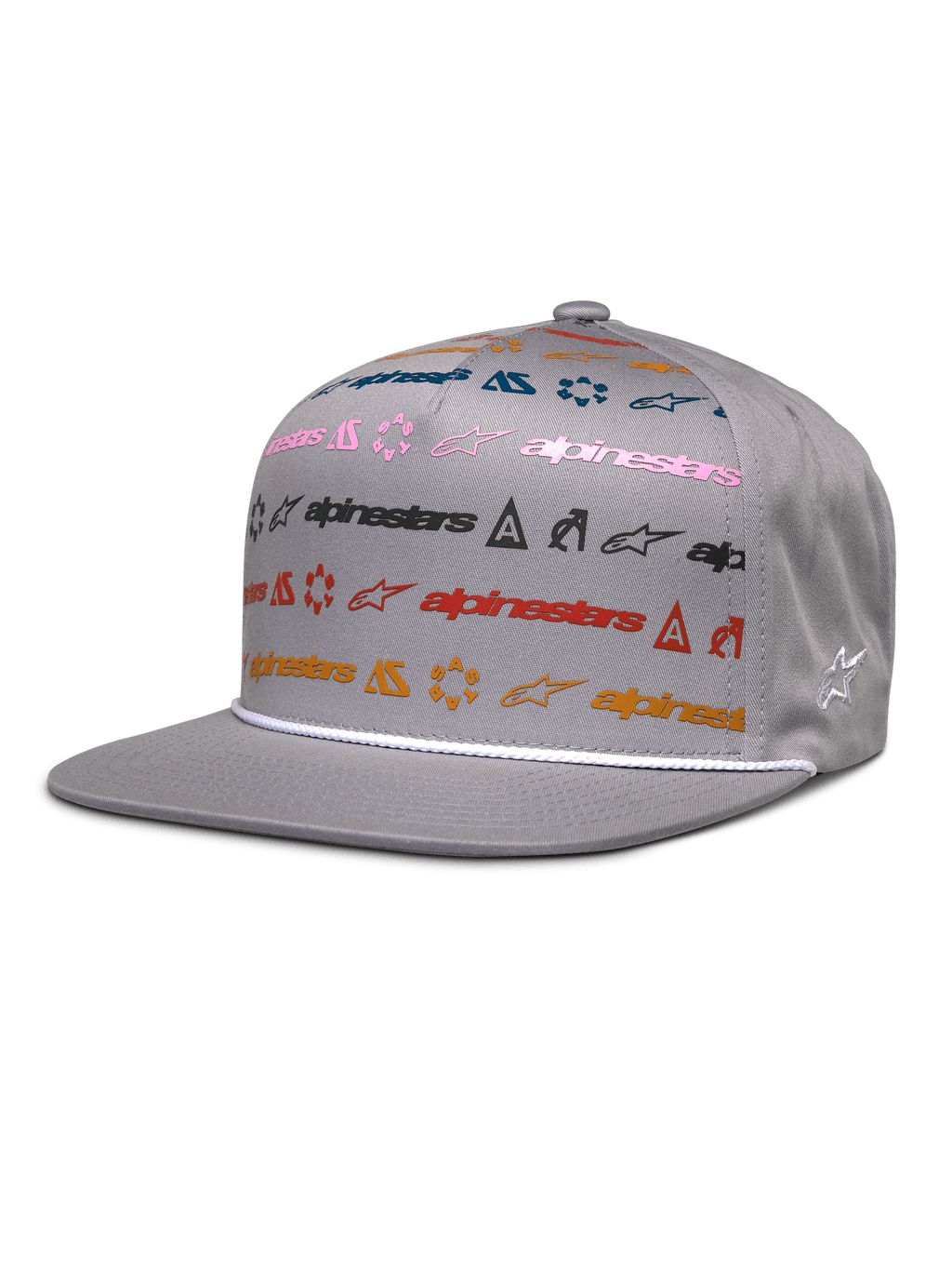 Alpinestars Glphy Hat, cappellino snapback grigio con visiera piatta, design con stampa multi-logo colorata in rosa, blu, rosso e arancione, rifinitura con cordoncino bianco sopra la visiera, corona strutturata con logo a stella ricamato lateralmente