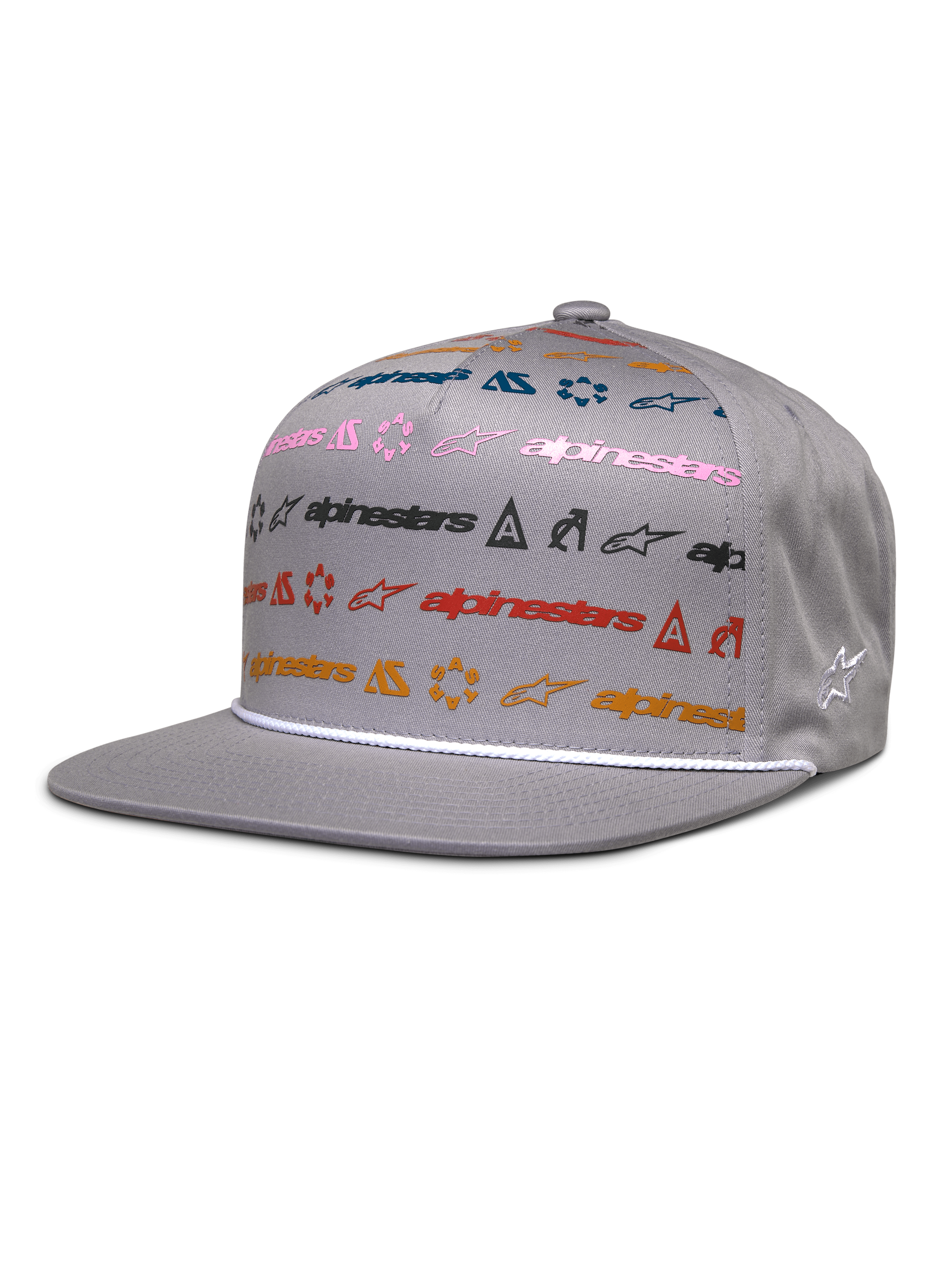 Alpinestars Glphy Hat, cappellino snapback grigio con visiera piatta, design con stampa multi-logo colorata in rosa, blu, rosso e arancione, rifinitura con cordoncino bianco sopra la visiera, corona strutturata con logo a stella ricamato lateralmente