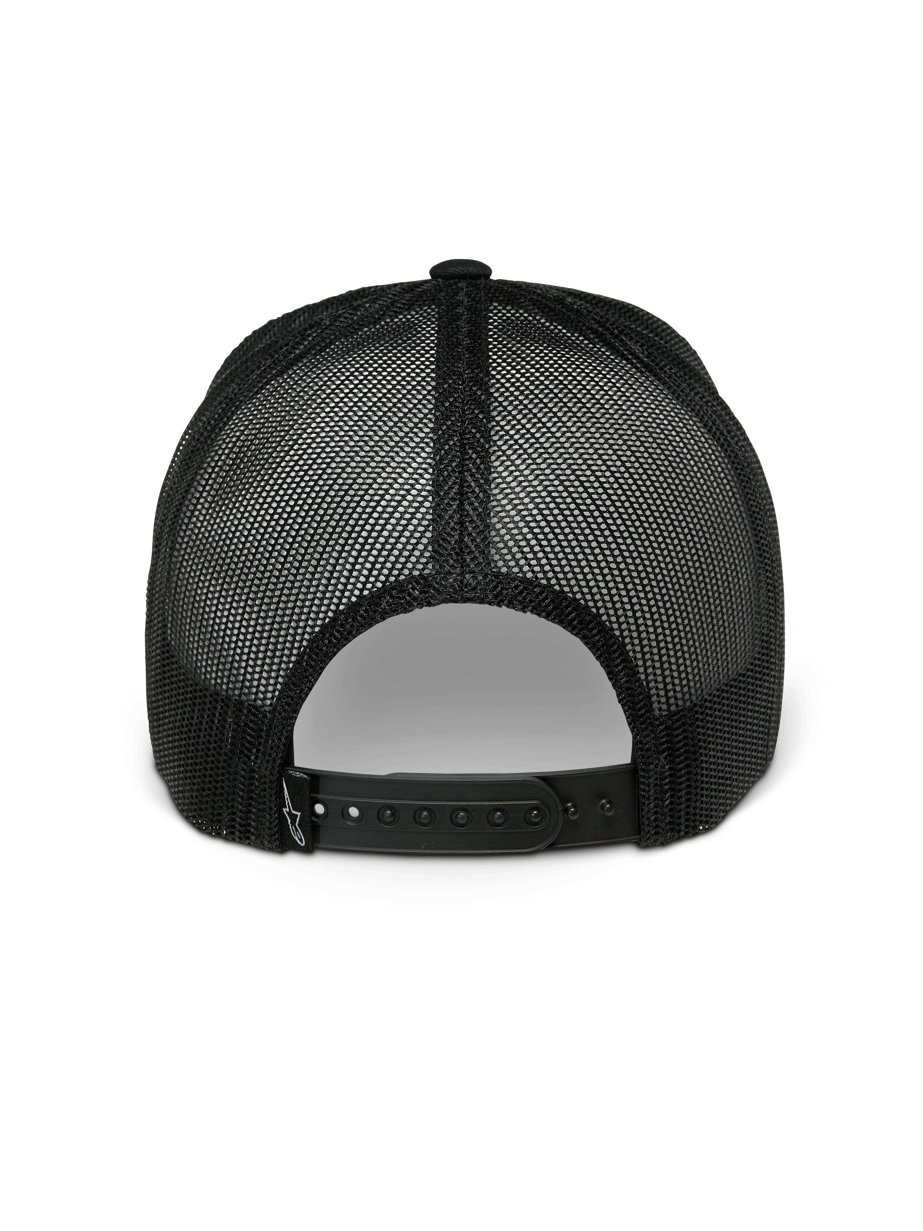 Alpinestars Gambit Trucker Hat, cappello snapback, nero, vista posteriore con pannelli in rete di poliestere traspirante e chiusura snapback regolabile, abbigliamento sportivo casual motorsport
