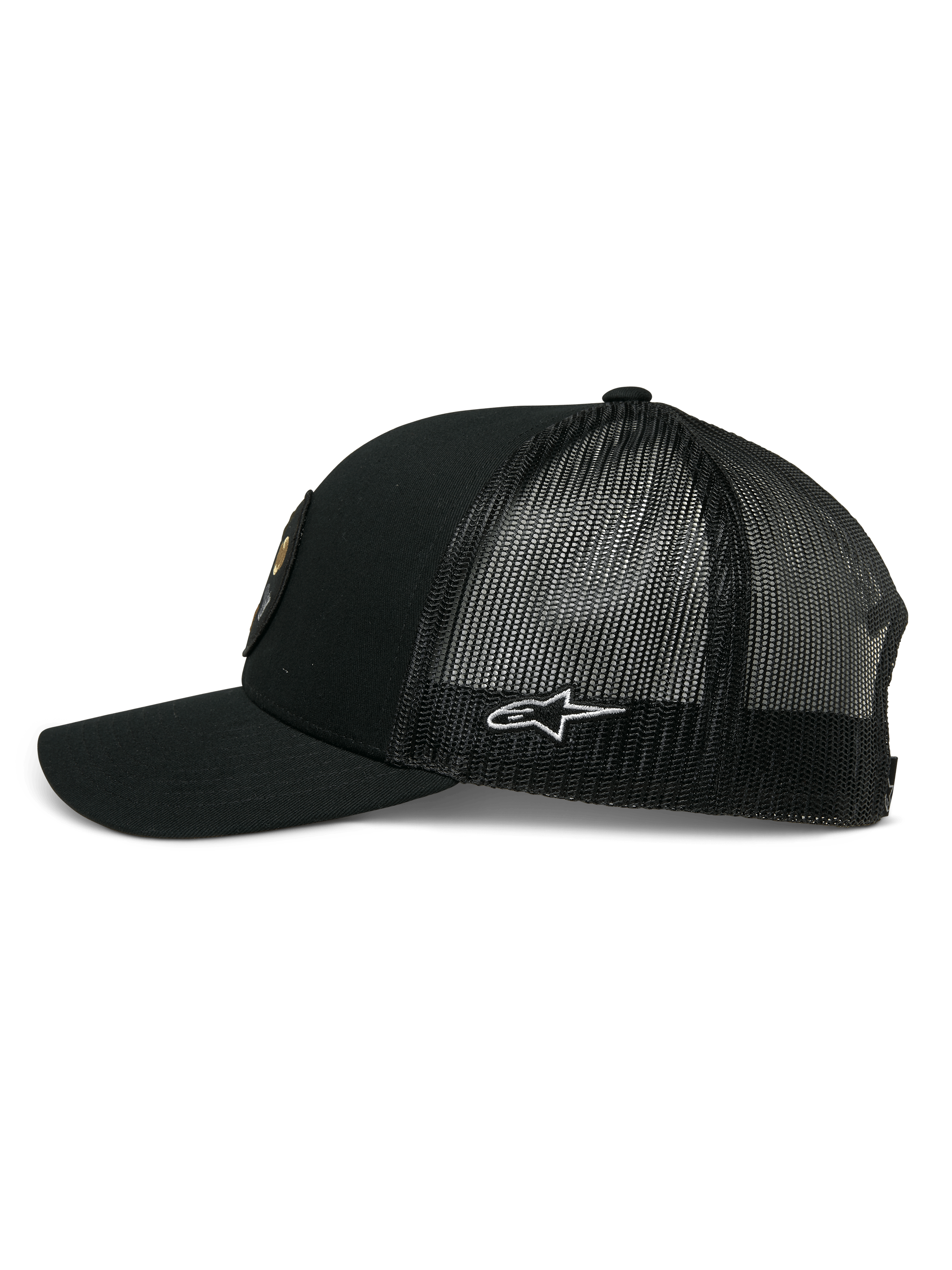Alpinestars Gambit Trucker Hat, nero, vista laterale con visiera curva e retro in rete, logo a stella Alpinestars bianco sul lato, copricapo casual ispirato al motorsport