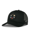Alpinestars Gambit Trucker Hat, nero, con patch circolare frontale con lettere ricamate colorate, pannelli posteriori in mesh traspirante, visiera curva e un piccolo logo laterale bianco, copricapo casual lifestyle motorsport