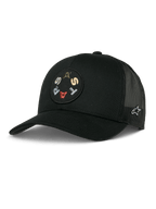Alpinestars Gambit Trucker Hat, nero, con patch circolare frontale con lettere ricamate colorate, pannelli posteriori in mesh traspirante, visiera curva e un piccolo logo laterale bianco, copricapo casual lifestyle motorsport