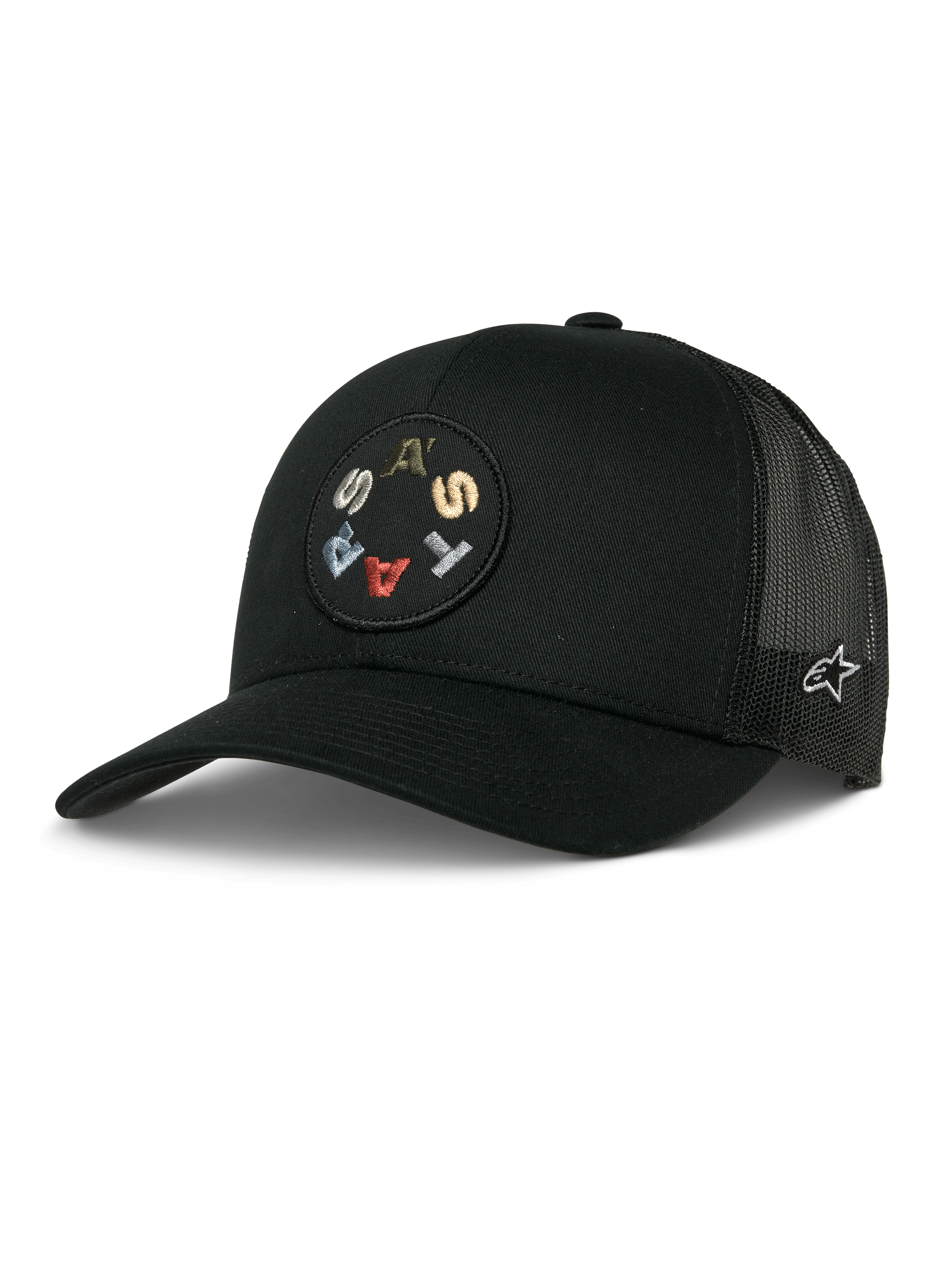 Alpinestars Gambit Trucker Hat, nero, con patch circolare frontale con lettere ricamate colorate, pannelli posteriori in mesh traspirante, visiera curva e un piccolo logo laterale bianco, copricapo casual lifestyle motorsport