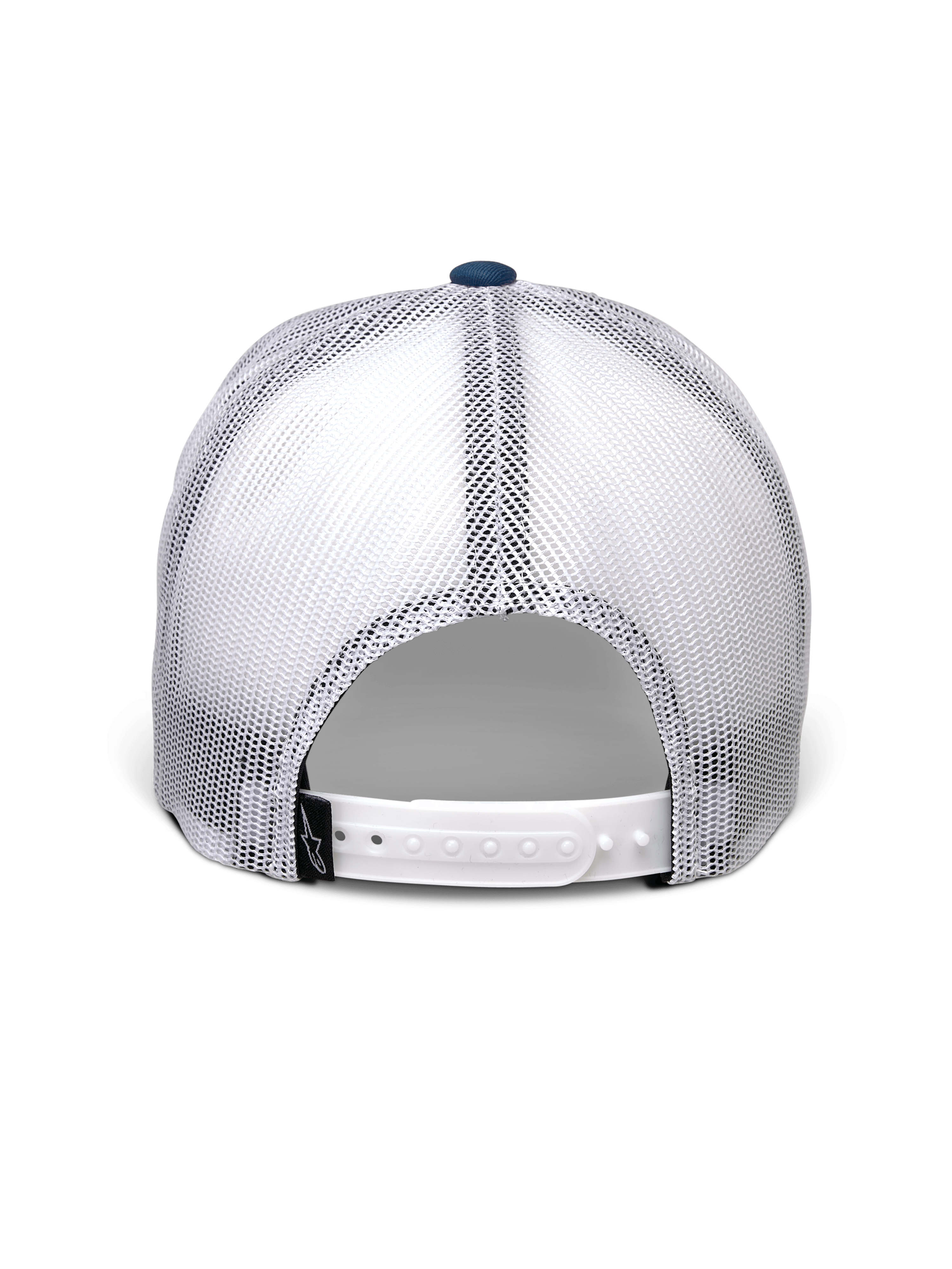 Alpinestars Gambit Trucker Hat, blu e bianco, vista posteriore con pannelli in rete bianca traspirante, chiusura a scatto bianca con una piccola etichetta nera del logo Alpinestars, copricapo casual ispirato al motorsport