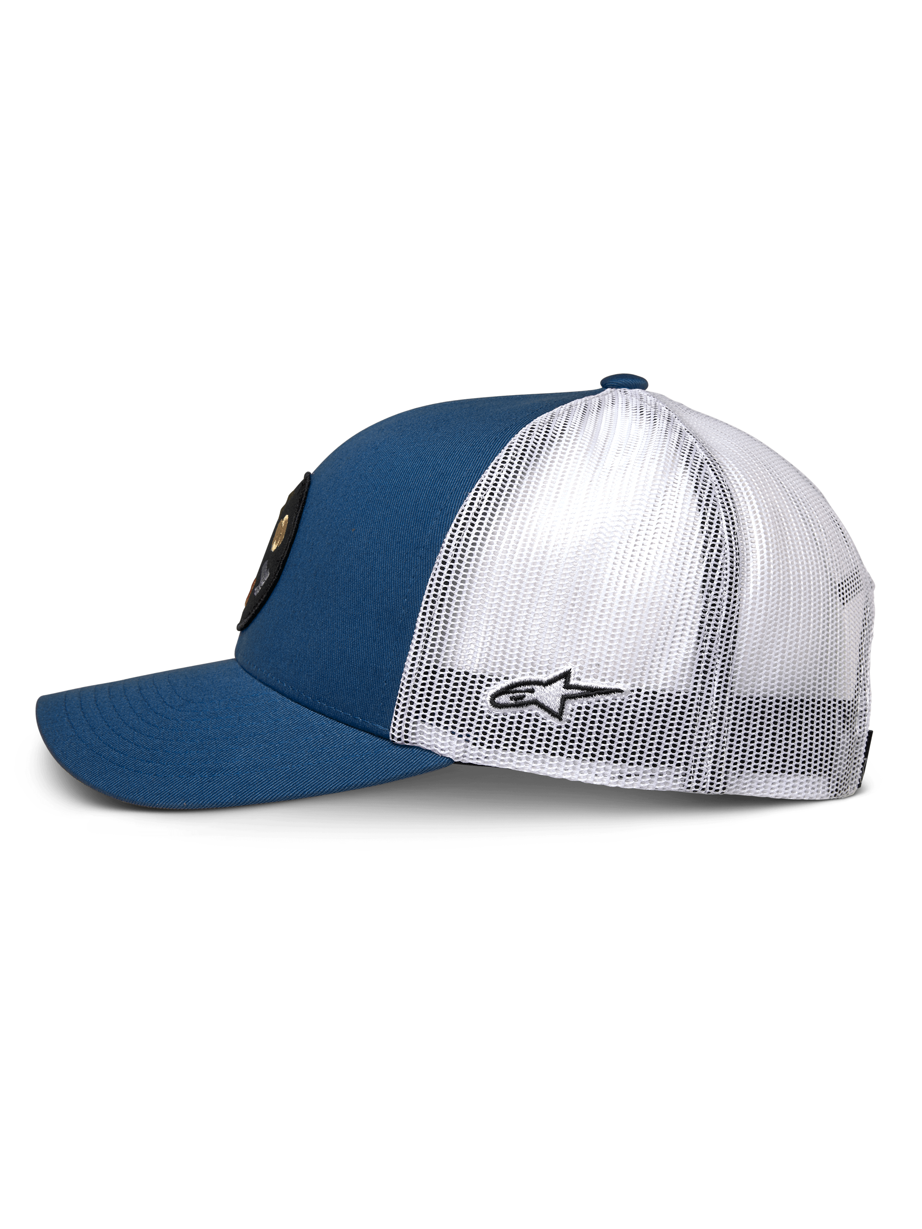 Cappello Trucker Alpinestars Gambit, blu e bianco, vista laterale con parte anteriore e visiera in twill blu e retro in rete di poliestere bianca, piccolo logo Astar nero sul lato, corona strutturata