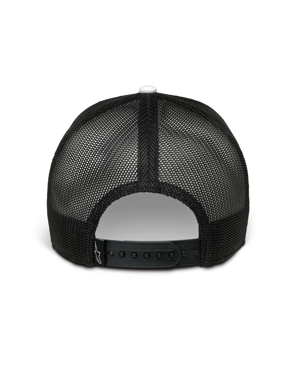 Cappello Alpinestars Hardware Trucker, bianco e nero, vista posteriore, retro in rete di poliestere nera con chiusura snapback regolabile, piccolo logo Alpinestars bianco sul cinturino, streetwear casual motorsport