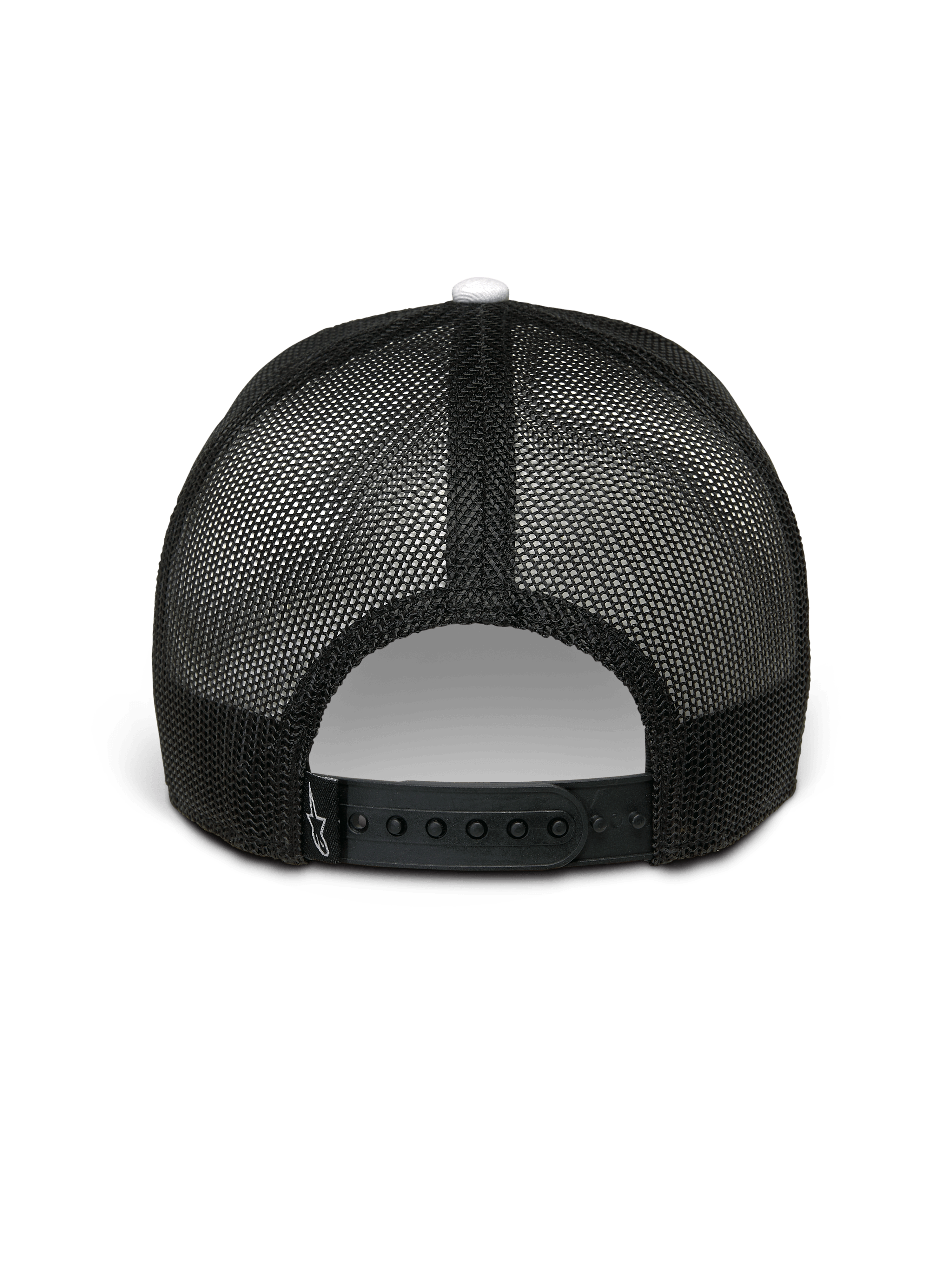 Cappello Alpinestars Hardware Trucker, bianco e nero, vista posteriore, retro in rete di poliestere nera con chiusura snapback regolabile, piccolo logo Alpinestars bianco sul cinturino, streetwear casual motorsport