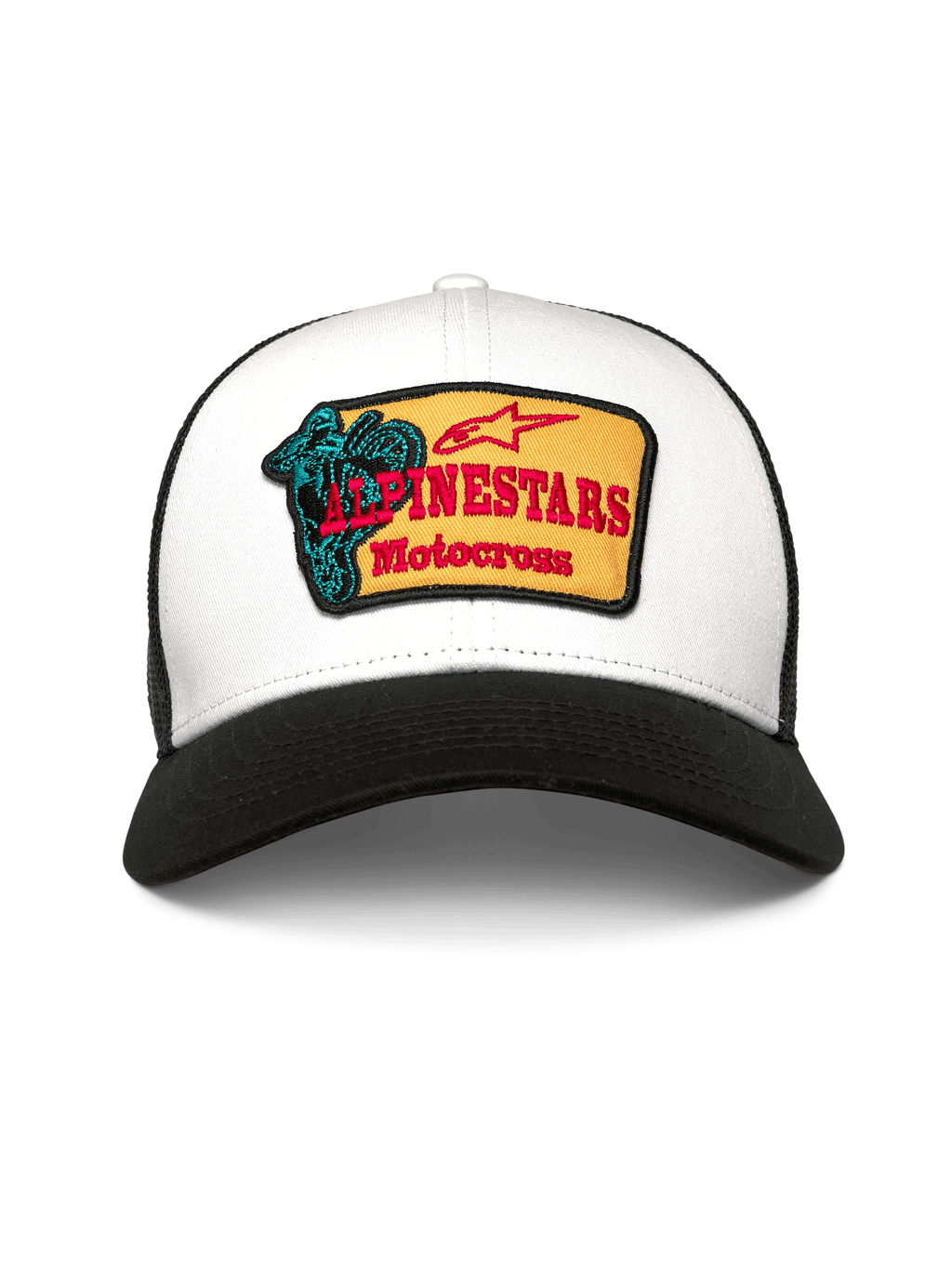 Alpinestars Hardware Trucker Hat, cappello trucker, bianco e nero, con patch gialla ricamata con testo Alpinestars Motocross rosso e grafica color petrolio, visiera curva e retro in rete traspirante, copricapo casual ispirato al motorsport
