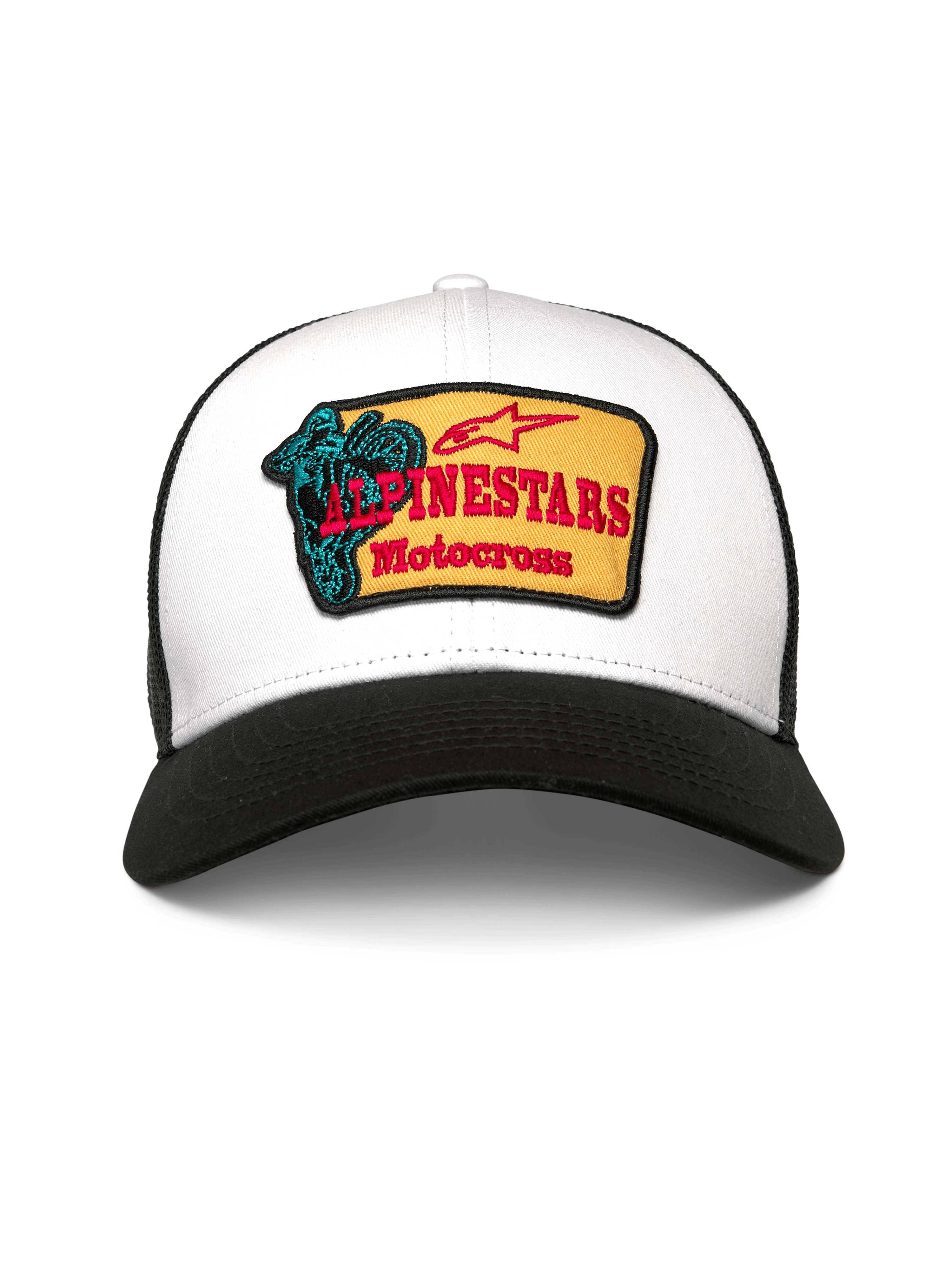 Alpinestars Hardware Trucker Hat, cappello trucker, bianco e nero, con patch gialla ricamata con testo Alpinestars Motocross rosso e grafica color petrolio, visiera curva e retro in rete traspirante, copricapo casual ispirato al motorsport