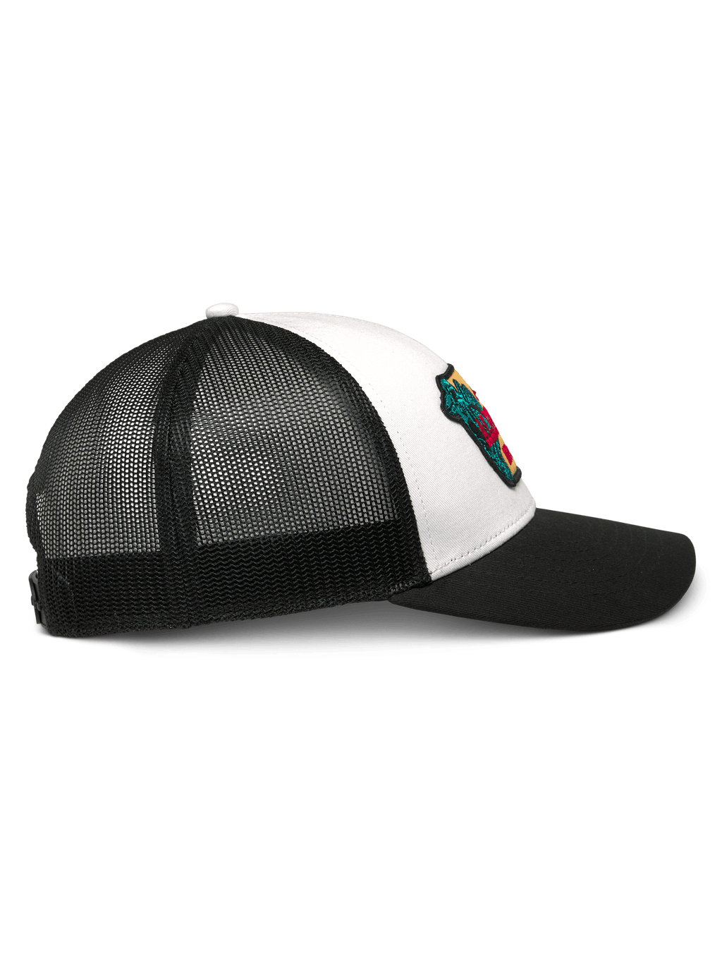 Cappello Trucker Alpinestars Hardware, bianco e nero, vista di profilo, con visiera curva nera, pannello frontale in twill bianco con patch ricamato colorato e retro in rete nera traspirante, copricapo casual da motorsport