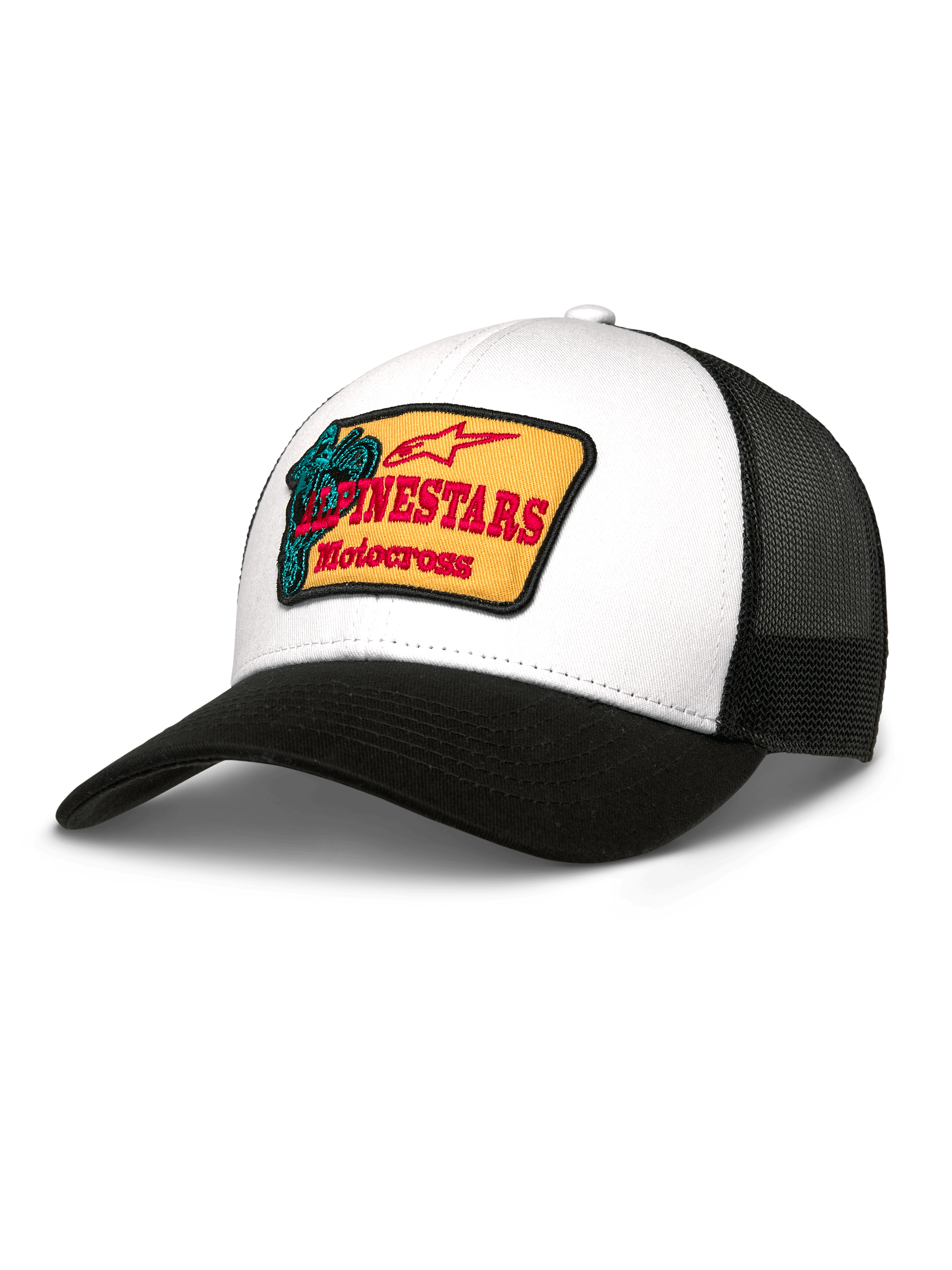 Alpinestars Hardware Trucker Hat, cappello trucker, parte anteriore in twill bianco e retro in rete nera, patch gialla ricamata con logo rosso e grafica motocross verde acqua, visiera curva nera, abbigliamento sportivo casual