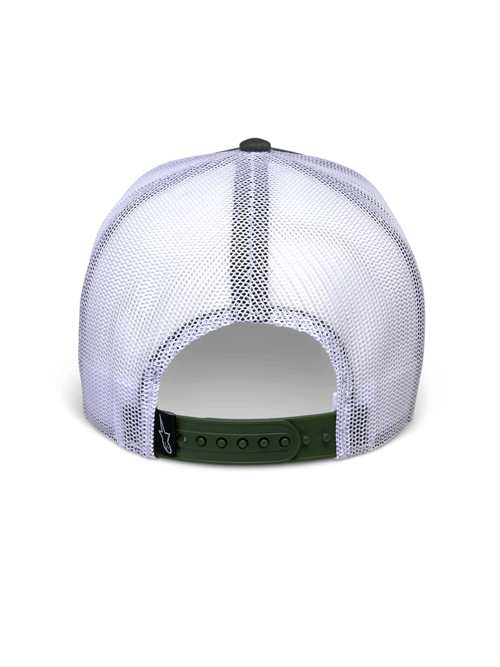 Cappello Alpinestars Hardware Trucker in Military White, vista posteriore con pannelli in rete bianca e chiusura a scatto verde oliva, piccola etichetta nera con logo A-star, copricapo casual ispirato al motorsport