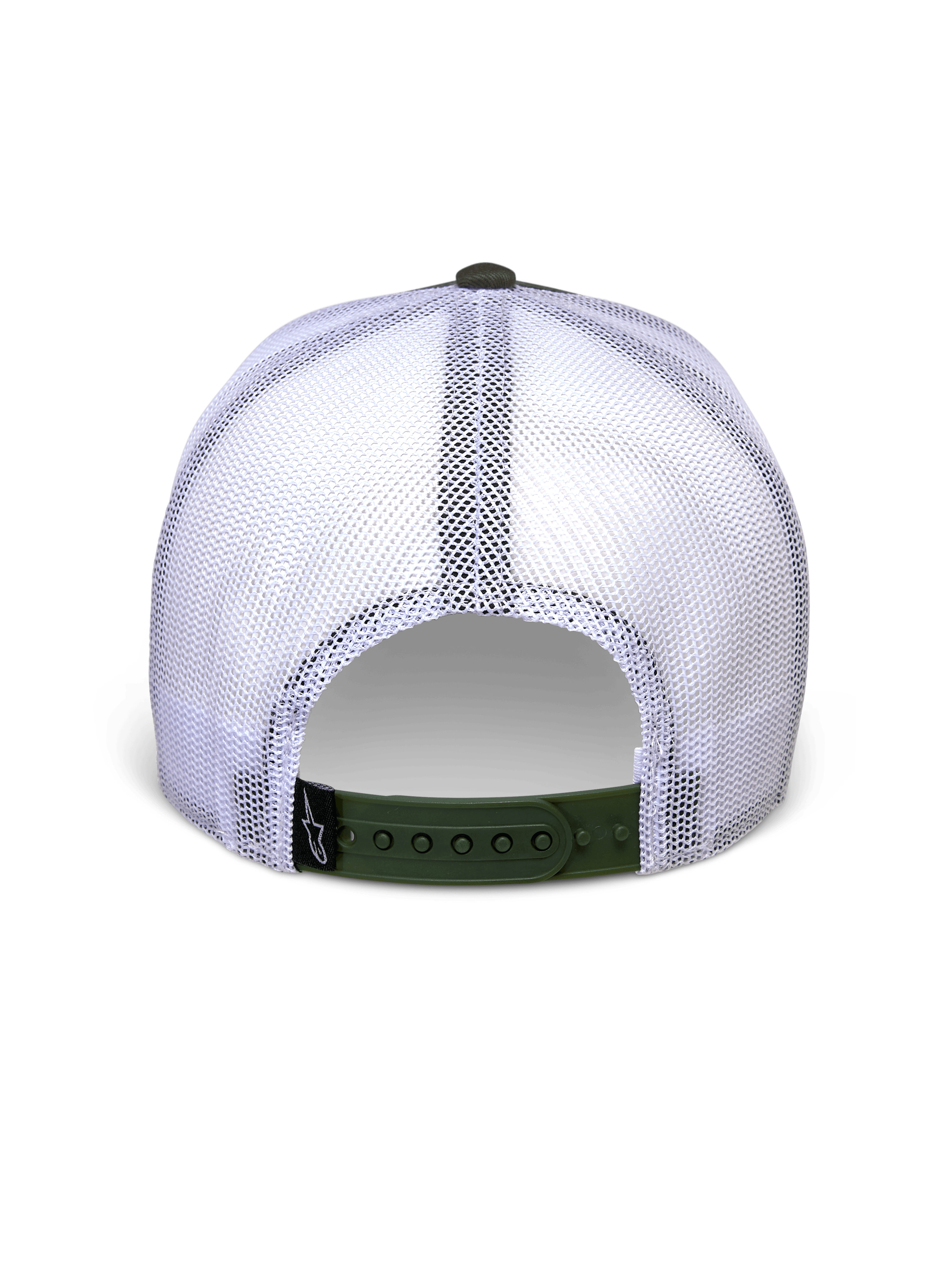 Cappello Alpinestars Hardware Trucker in Military White, vista posteriore con pannelli in rete bianca e chiusura a scatto verde oliva, piccola etichetta nera con logo A-star, copricapo casual ispirato al motorsport