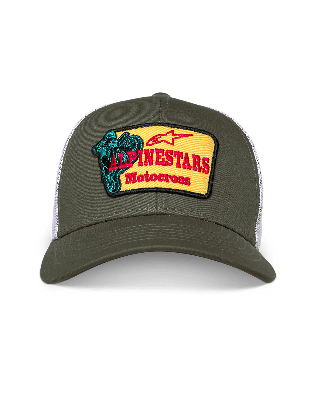 Cappello Alpinestars Hardware Trucker, cappellino trucker verde oliva e bianco, corona strutturata con visiera curva, patch frontale ricamata gialla con marchio Alpinestars Motocross rosso e grafica del pilota verde acqua, streetwear casual motorsport